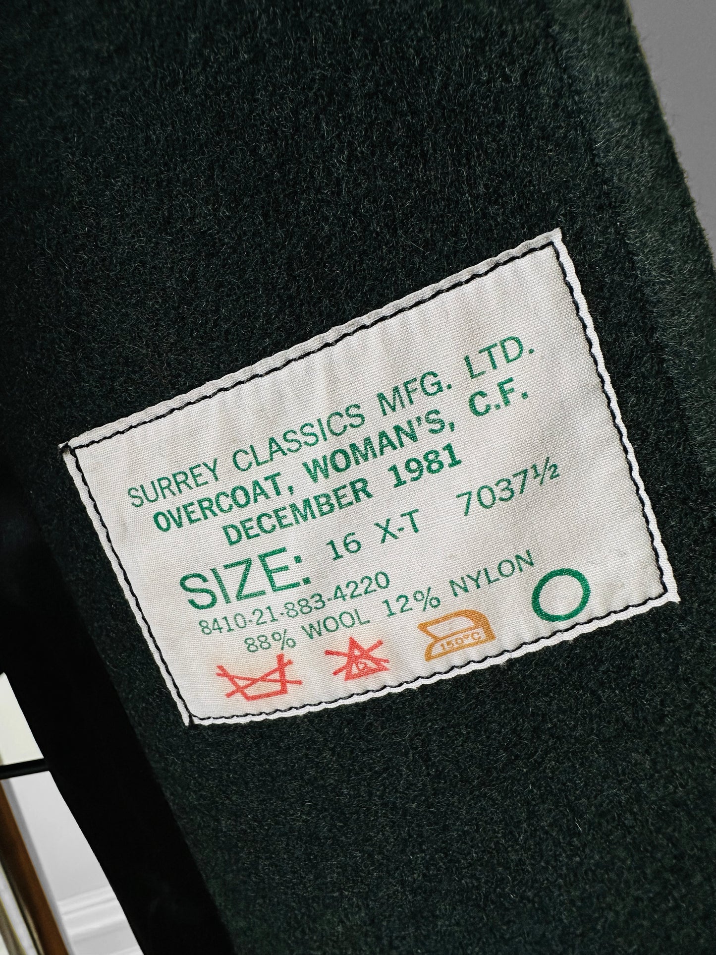 1980s Hunter Green Heavy Wool Military Overcoat - Sz. S/M