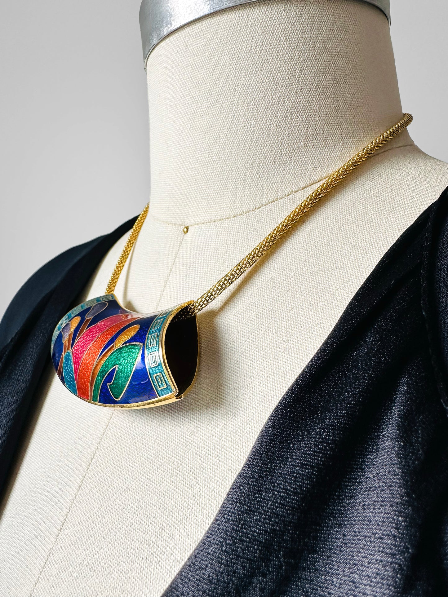 1980s Jewel-Toned Enamel Gold-Toned Statement Necklace