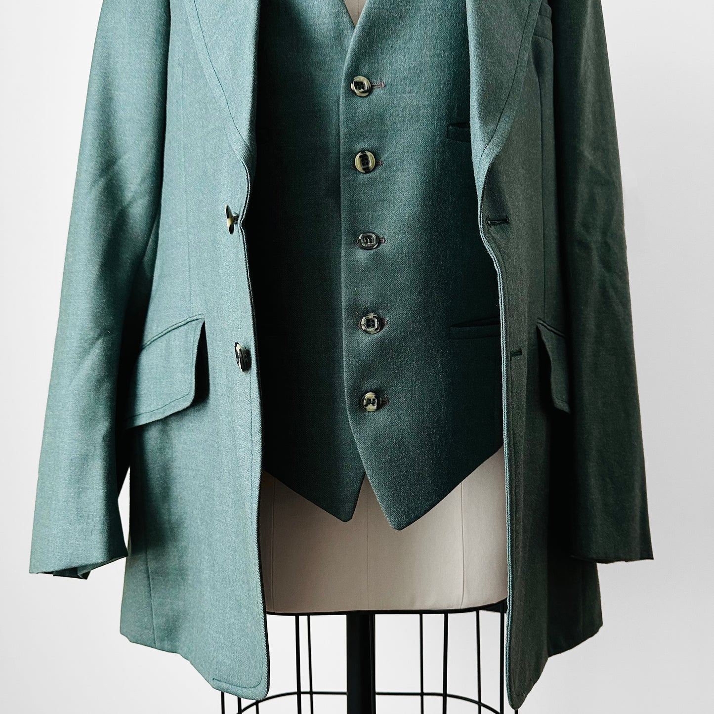 1970s-1980s Green Wool Button Front Vest and Jacket Suit Set - Sz. M/L