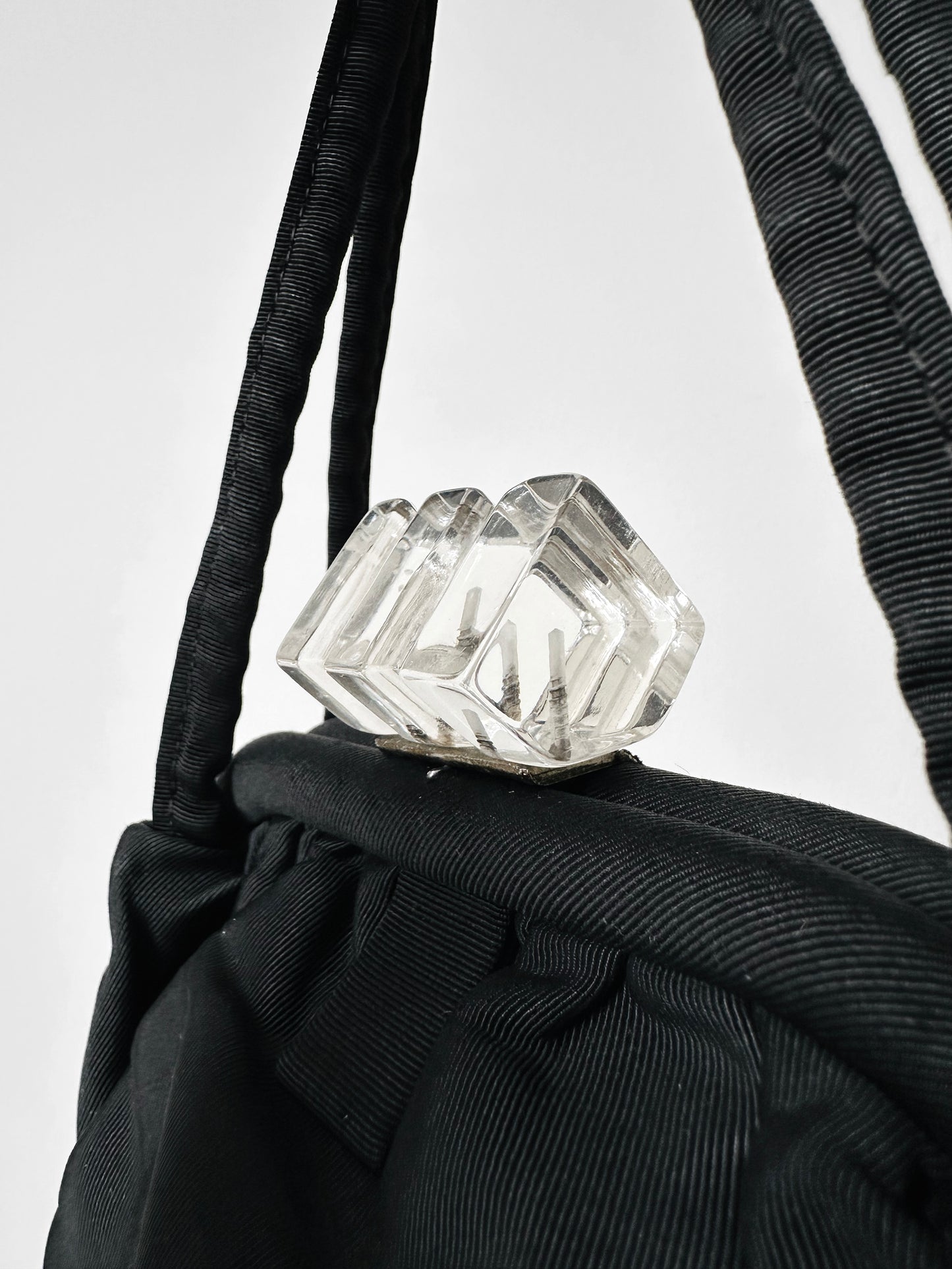 Vintage 1960s Black Fabric Handbag with Clear Lucite Clasp