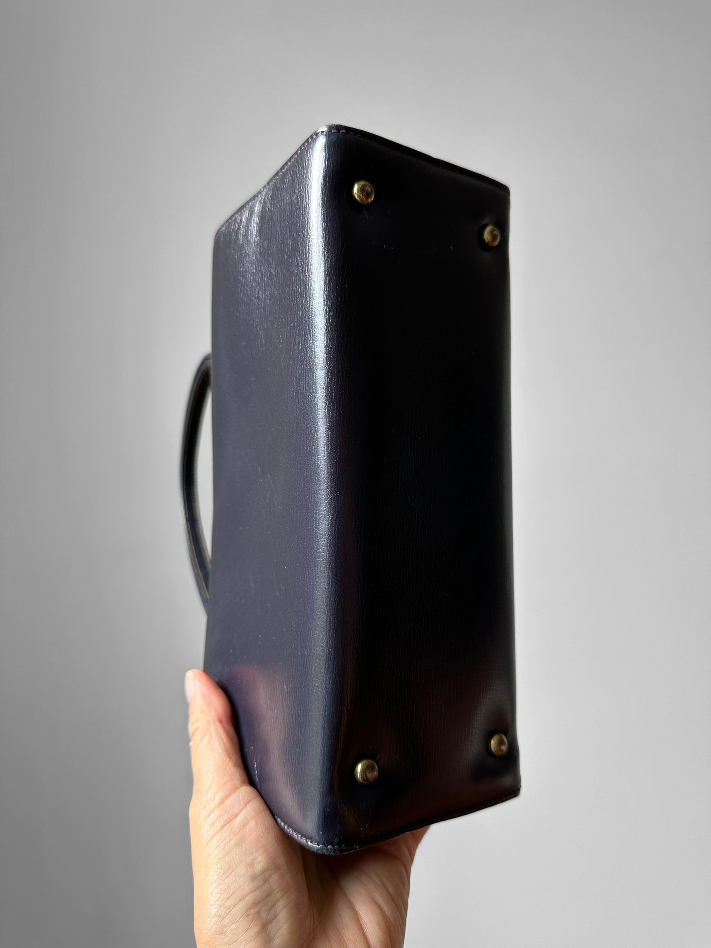 1960s Navy Leather Top Handle Handbag