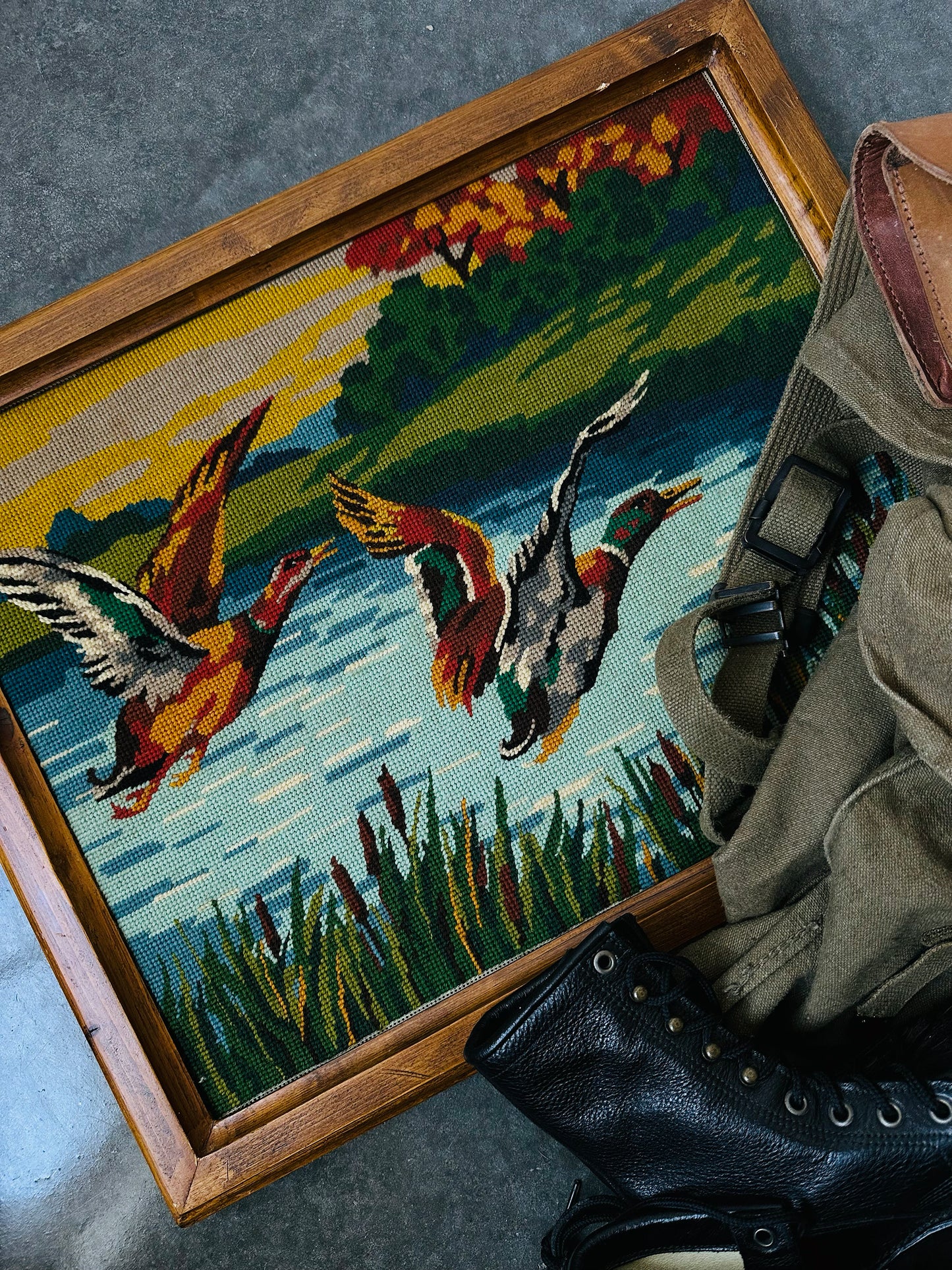 1950s Mid-Century Wood Framed Needlepoint Artwork of Ducks in Flight