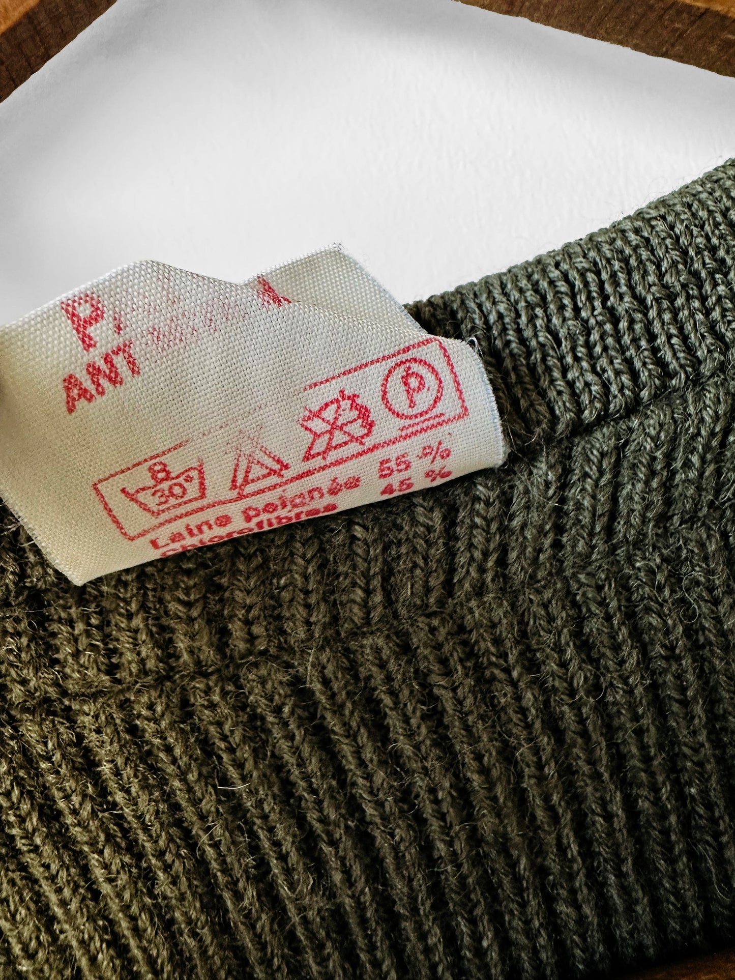 1980s French Military-Style Ribbed Wool Blended V-neck Sweater - Sz. Small