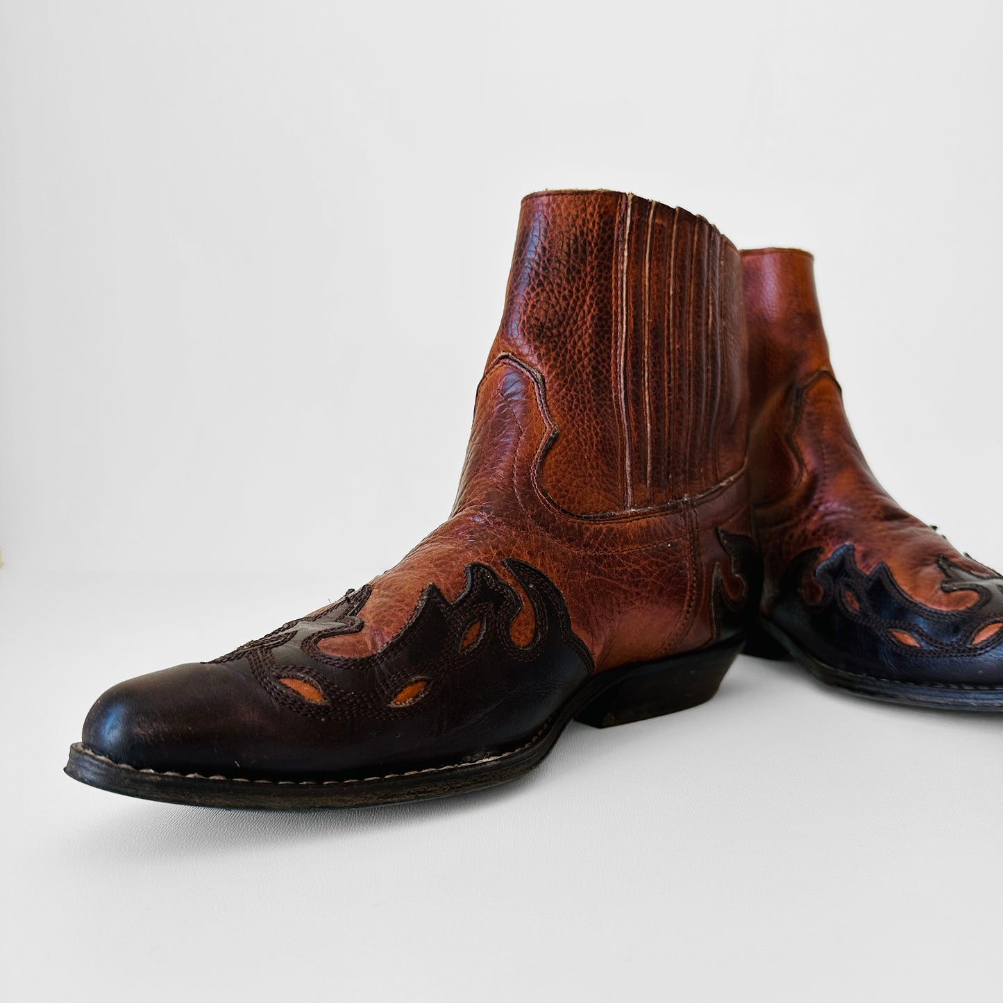 1990s Brown and Black Decorative Western Ankle Boot - Sz. 6.5 - 7