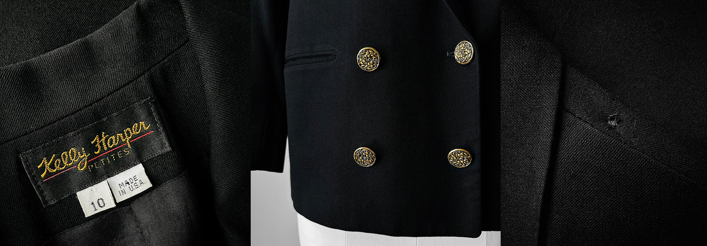 1980s Black Wool Military Style Double Breasted Blazer - Sz. S/M