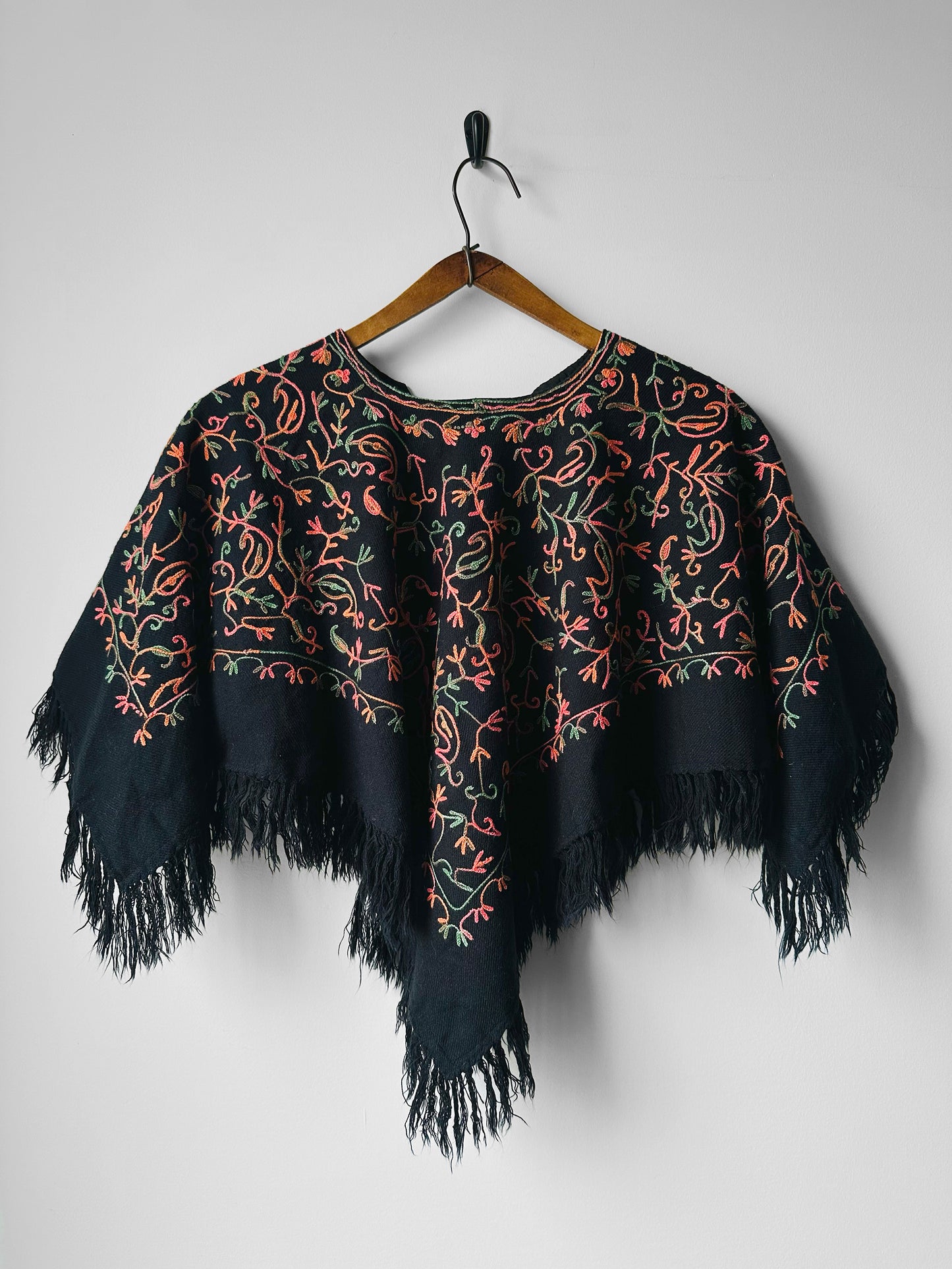 1960s Mid-Century Black Wool Kashmiri Floral Crewel Fringe Poncho Shawl