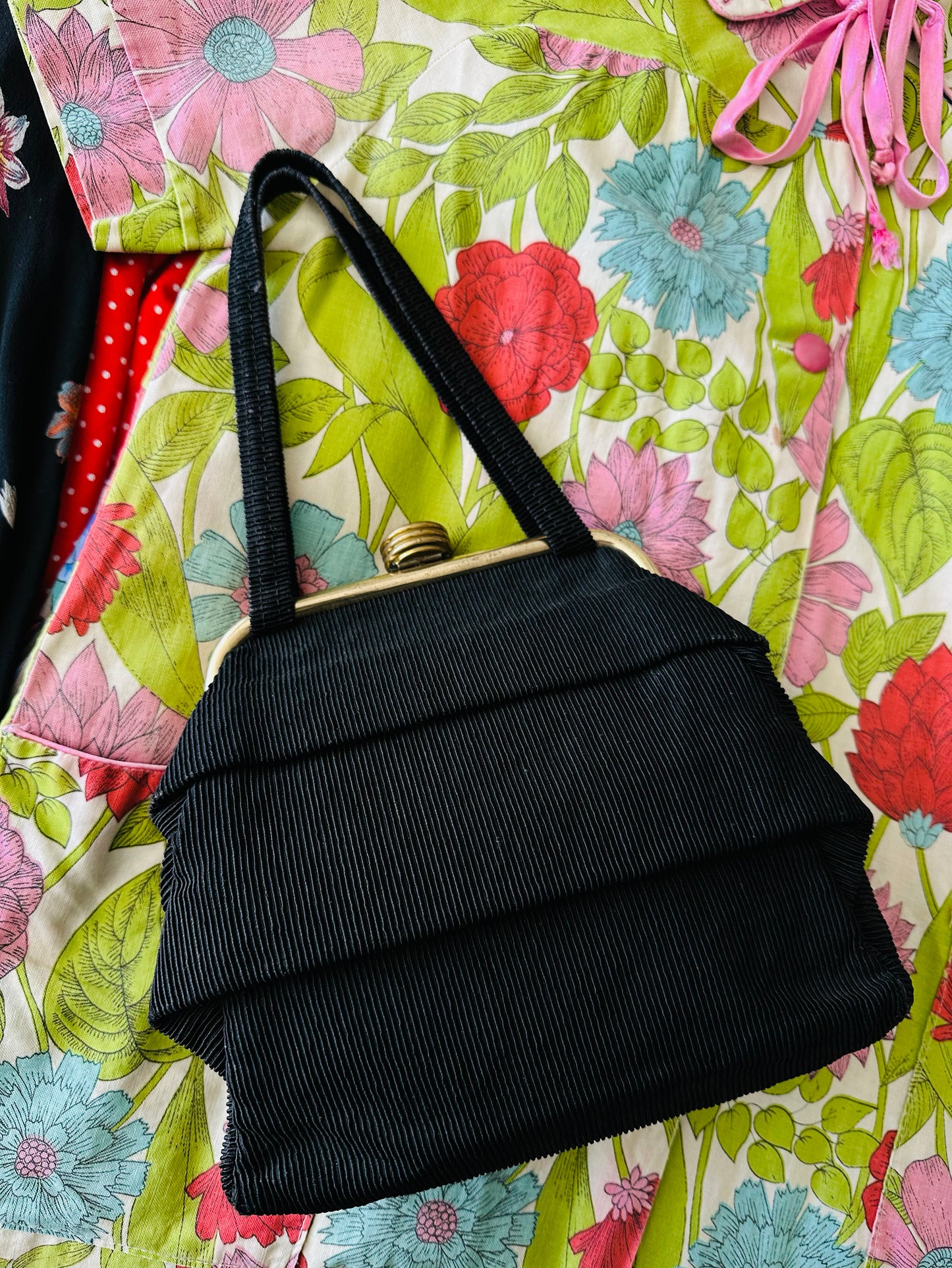 1960s Black Ribbed Fabric Top Handle Handbag