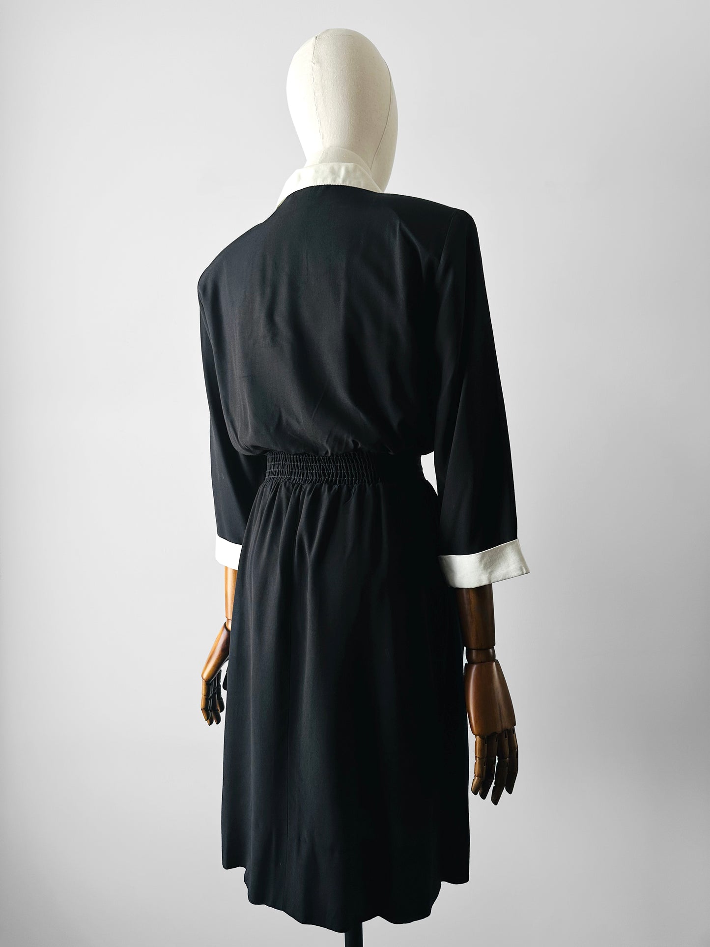 1980s Black Button Detail Dress with White Collar and Cuff Details - Sz. Small