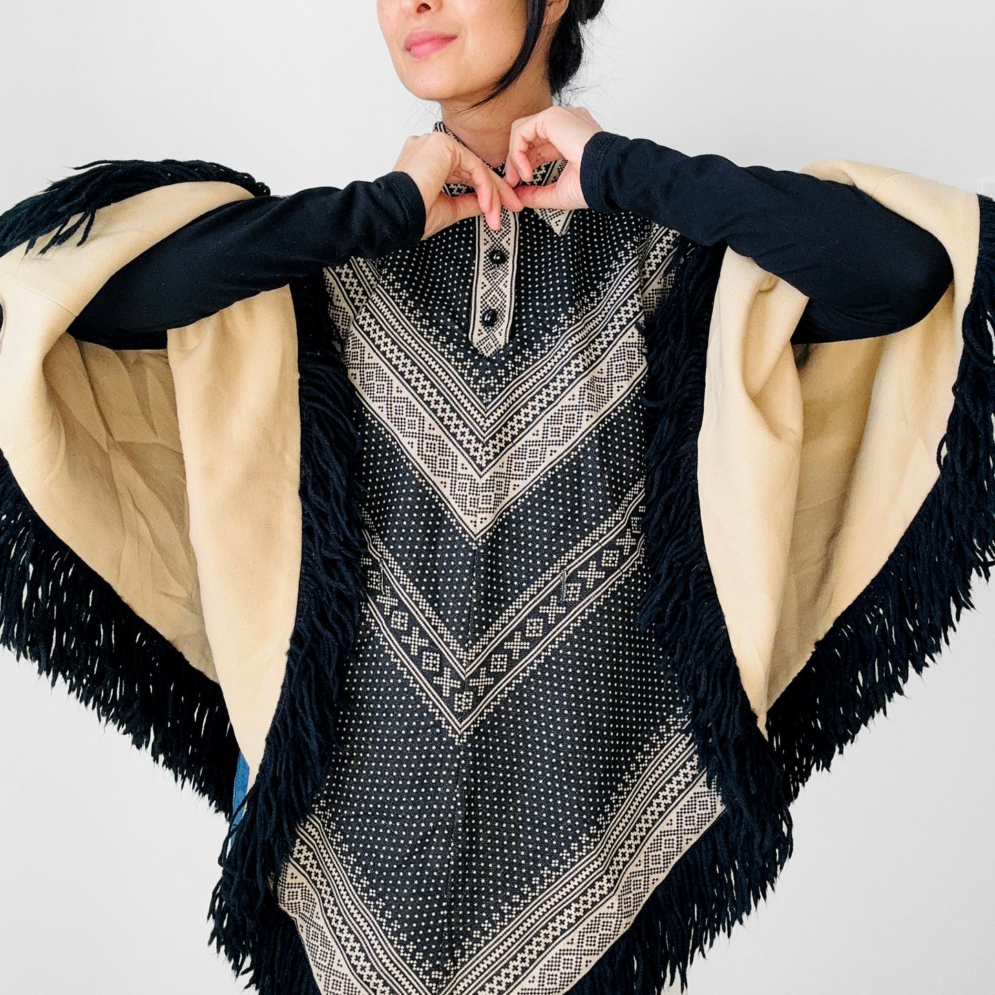 1970s Tan and Black Fringe Collared Button Neck Patterned Wool Poncho Shawl - O/S