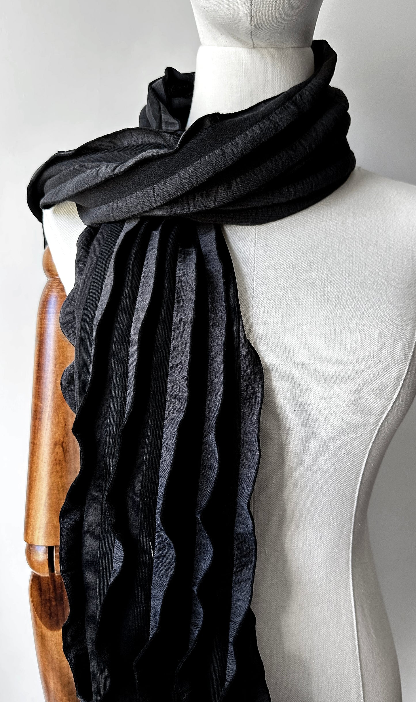 Vintage Black Striped Semi Sheer Ruffle Scarf