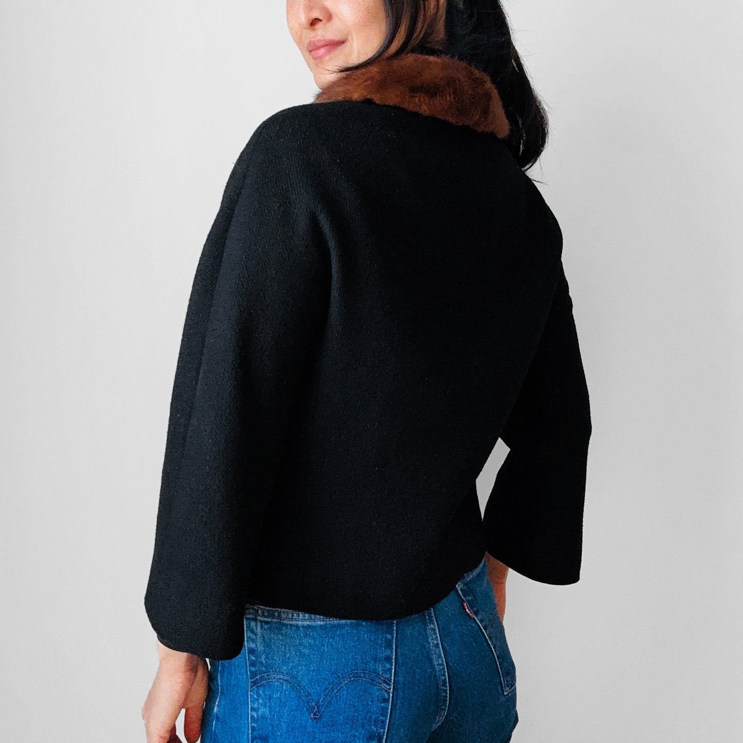 Vintage 1960s Black Mink Fur-Collar Big-Button Crop Wool Jacket - Sz. XS