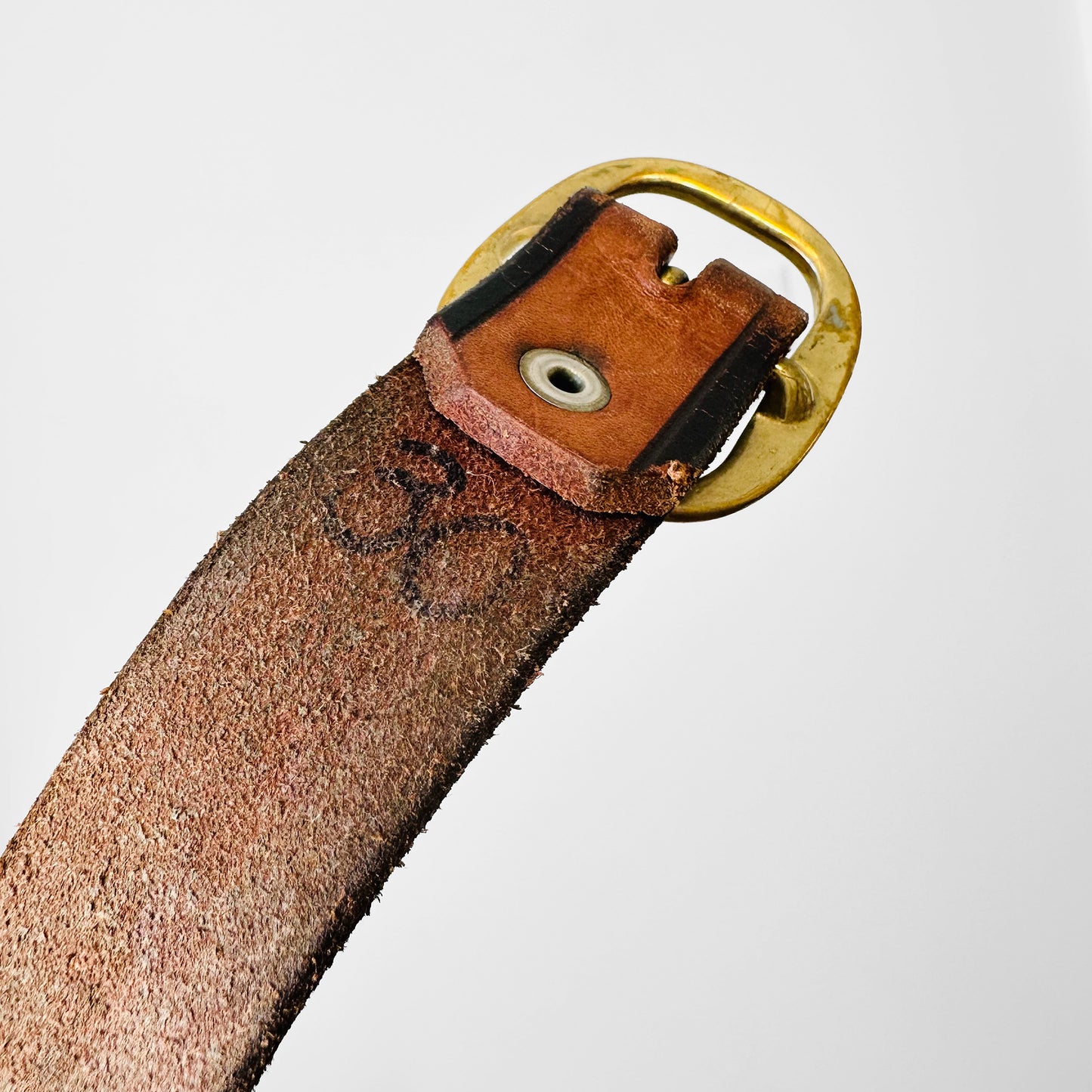 1970s Tan Floral Motif Tooled Painted Leather Brass Buckle Belt - Sz. 27 - 31