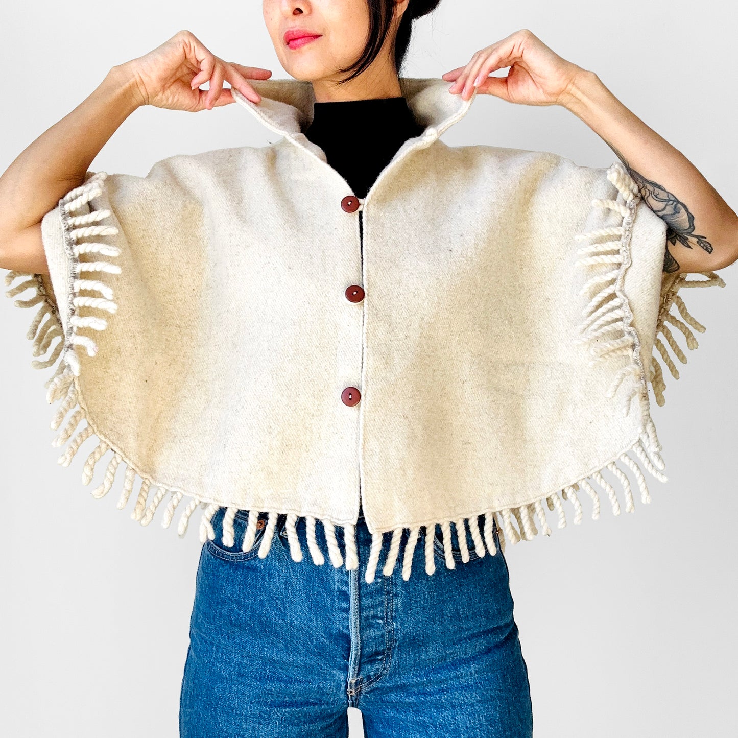 1970s Off-White Fringe Button Front Collared Wool Shawl