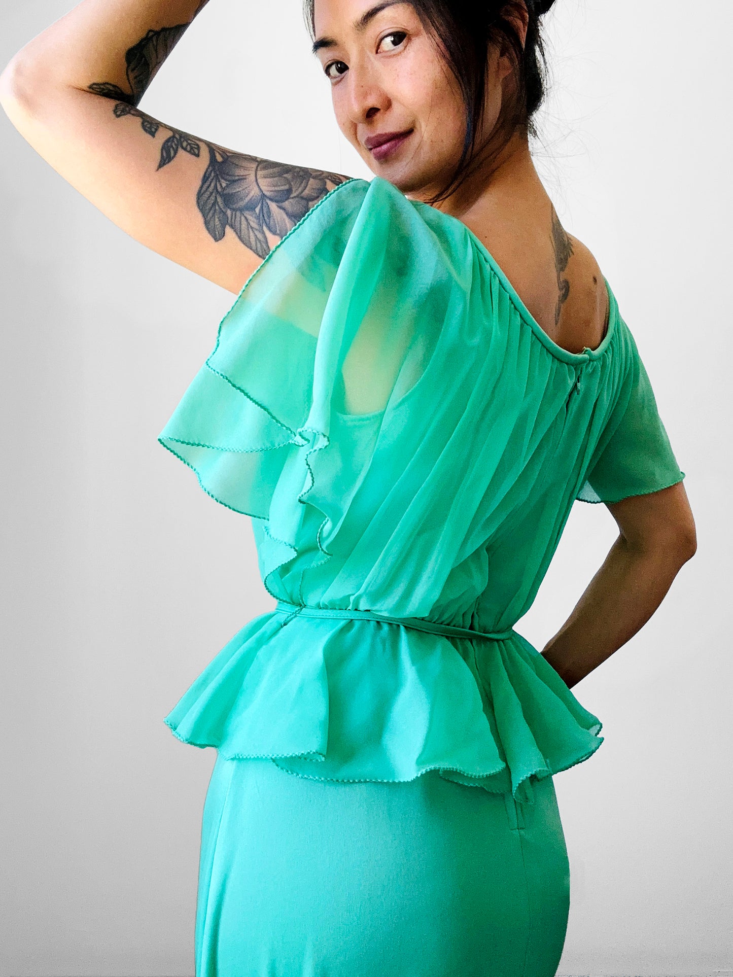 1970s Mint Green Flutter Sleeve Peplum Maxi Dress - Sz. S