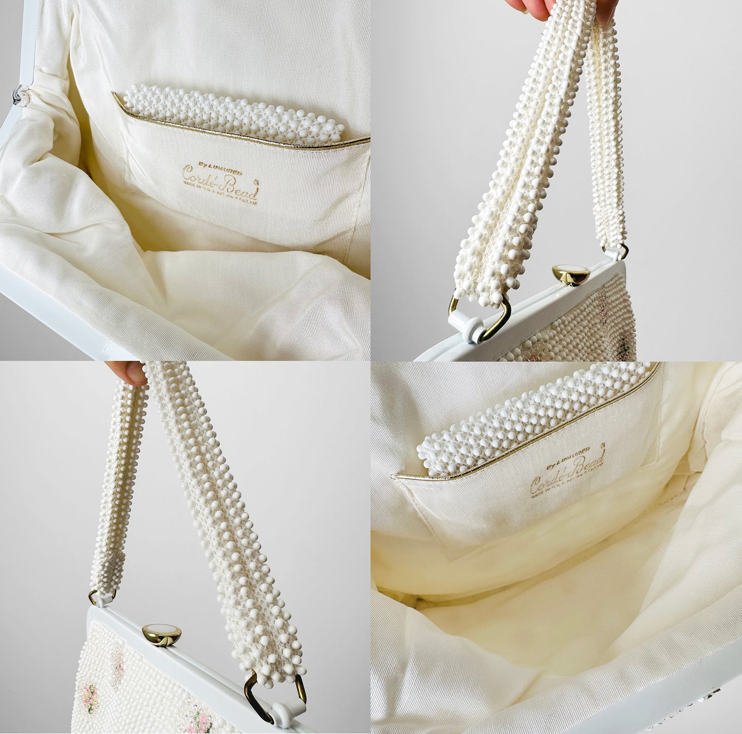 1960s White Corde Bead Floral Embroidered Top Handle Handbag