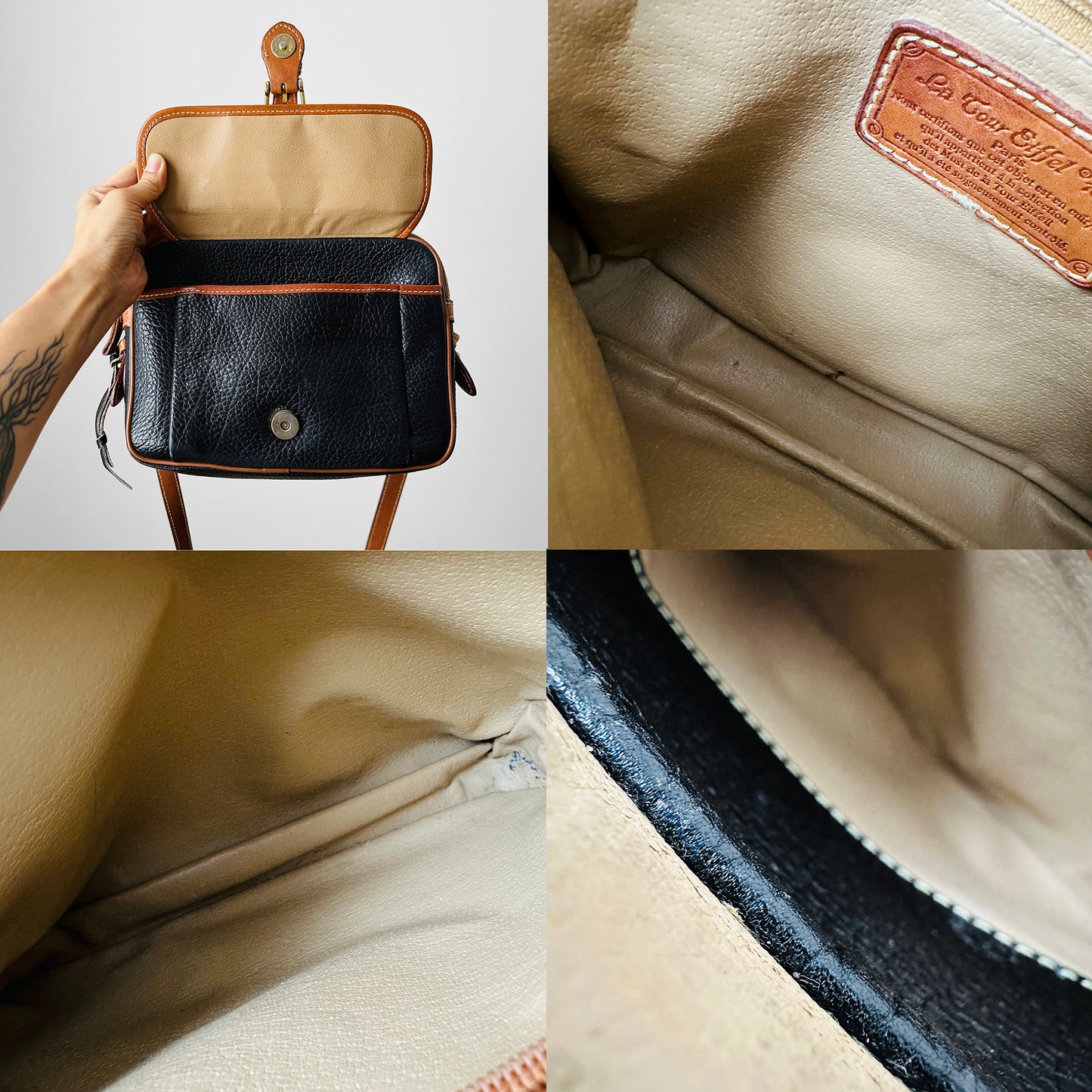 1990s Black and Brown Structured Double Zip Crossbody Leather Bag