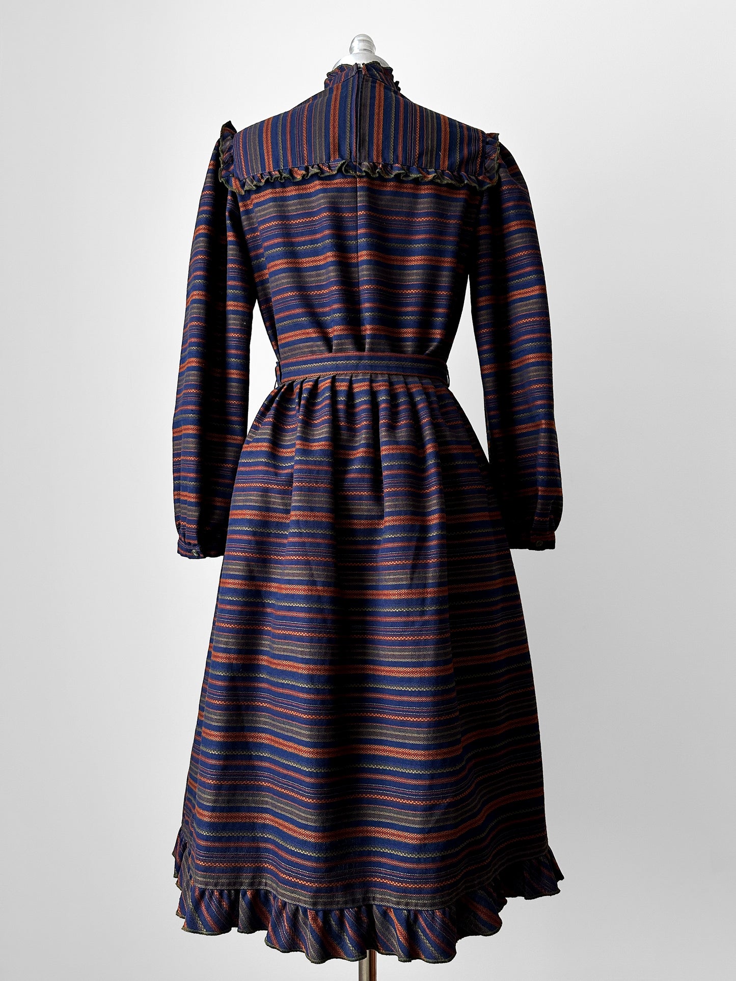 1970s Navy and Orange Stripe Ruffled High-Neck Top and Skirt Set - Sz. XS/S