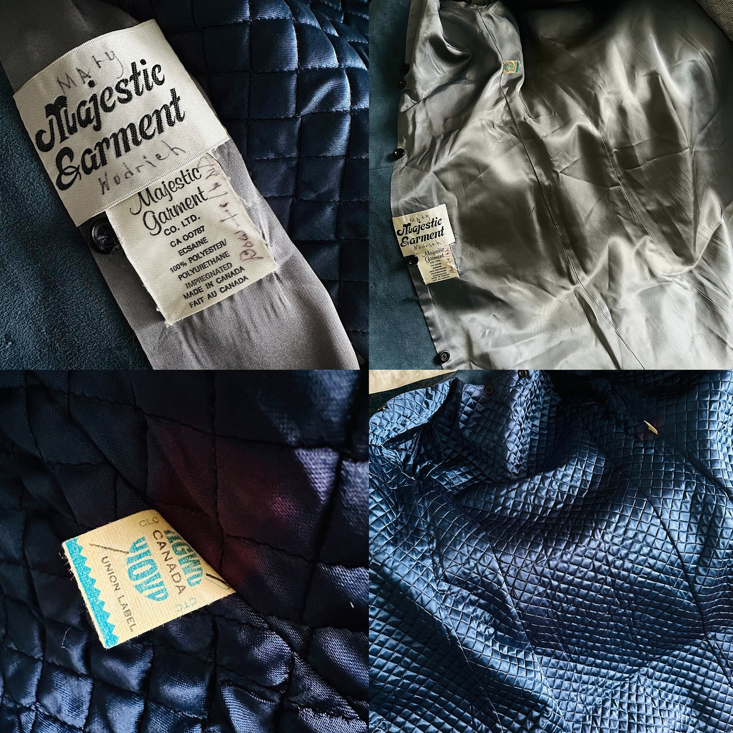 1970s Slate Blue Belted Double-Breasted Quilted Micro Suede Trench Coat - Sz. S