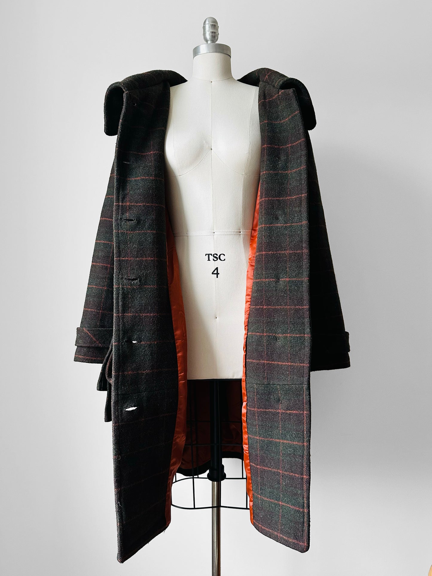 1960s Green and Burnt Orange Plaid Wool Belted Coat - Sz. Small