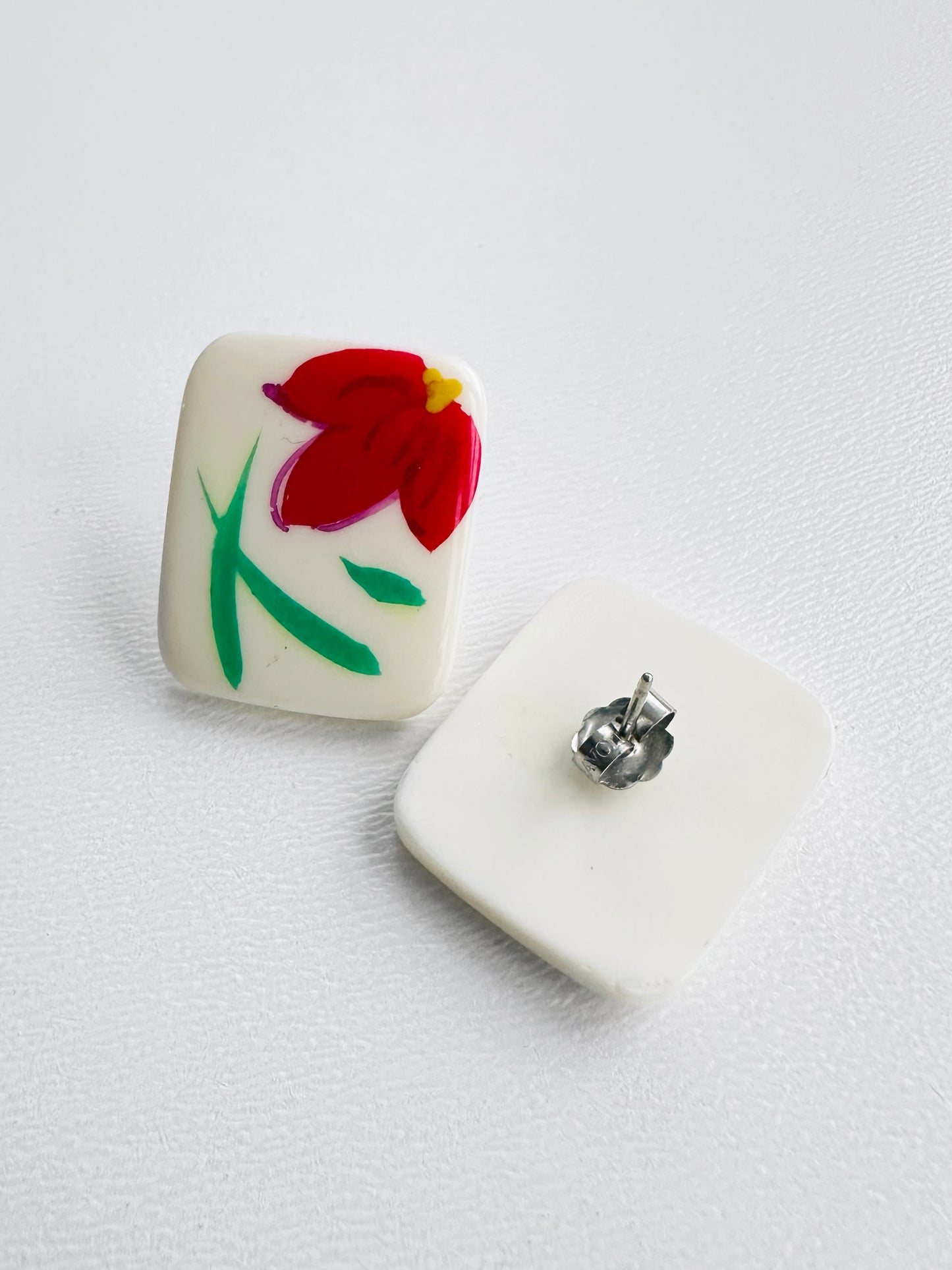 Vintage Mid-Century Red Painted Floral Post Earrings