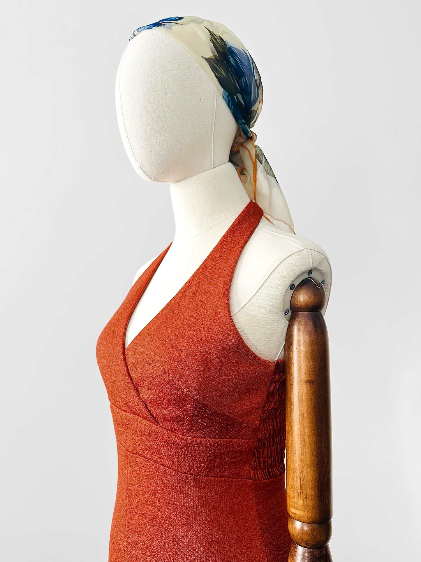 Vintage 1970s Burnt Tangerine Midi-Length Halter Dress - Sz. S/M