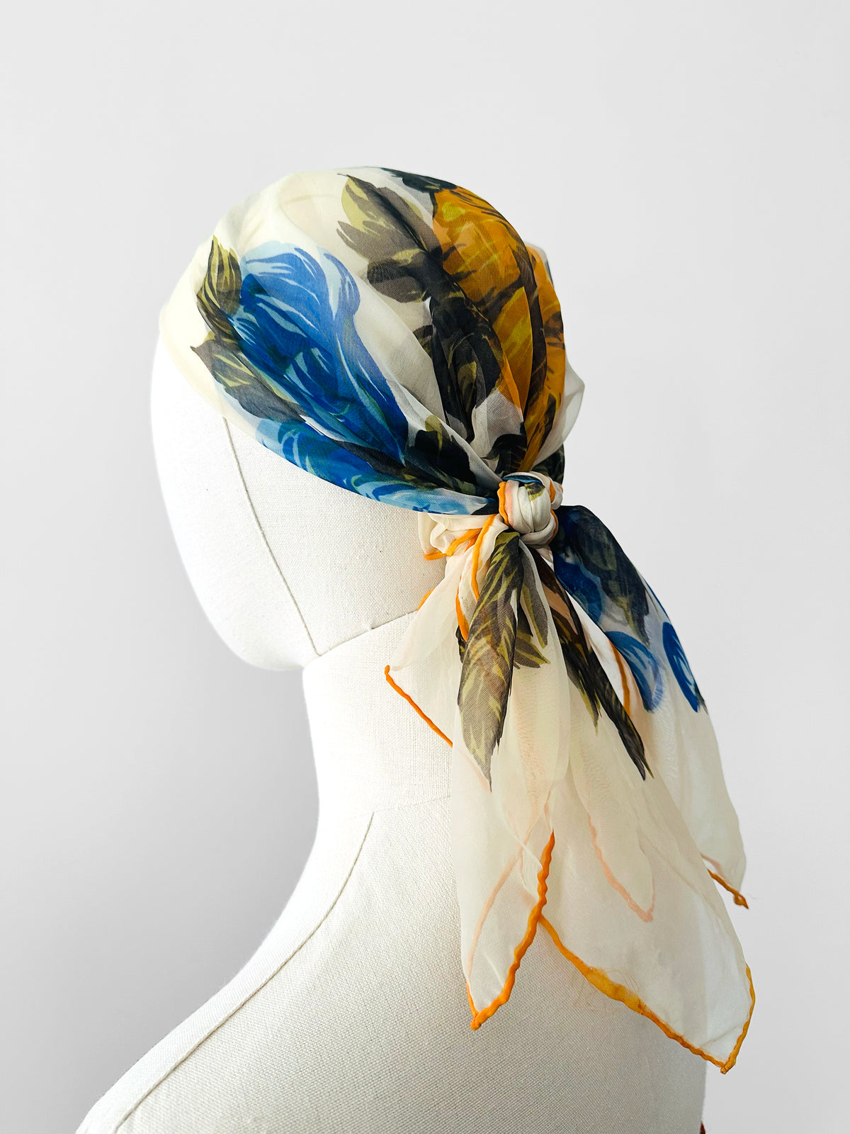 Vintage 1960s Blue and Mustard Orange Floral Sheer Scarf Kerchief