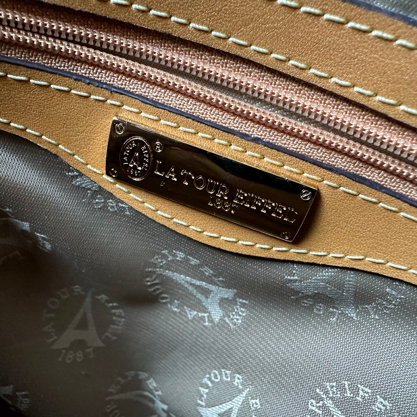 1990s Brown and Mustard Tan Structured Faux Leather La Tour Eiffel Paris Handbag