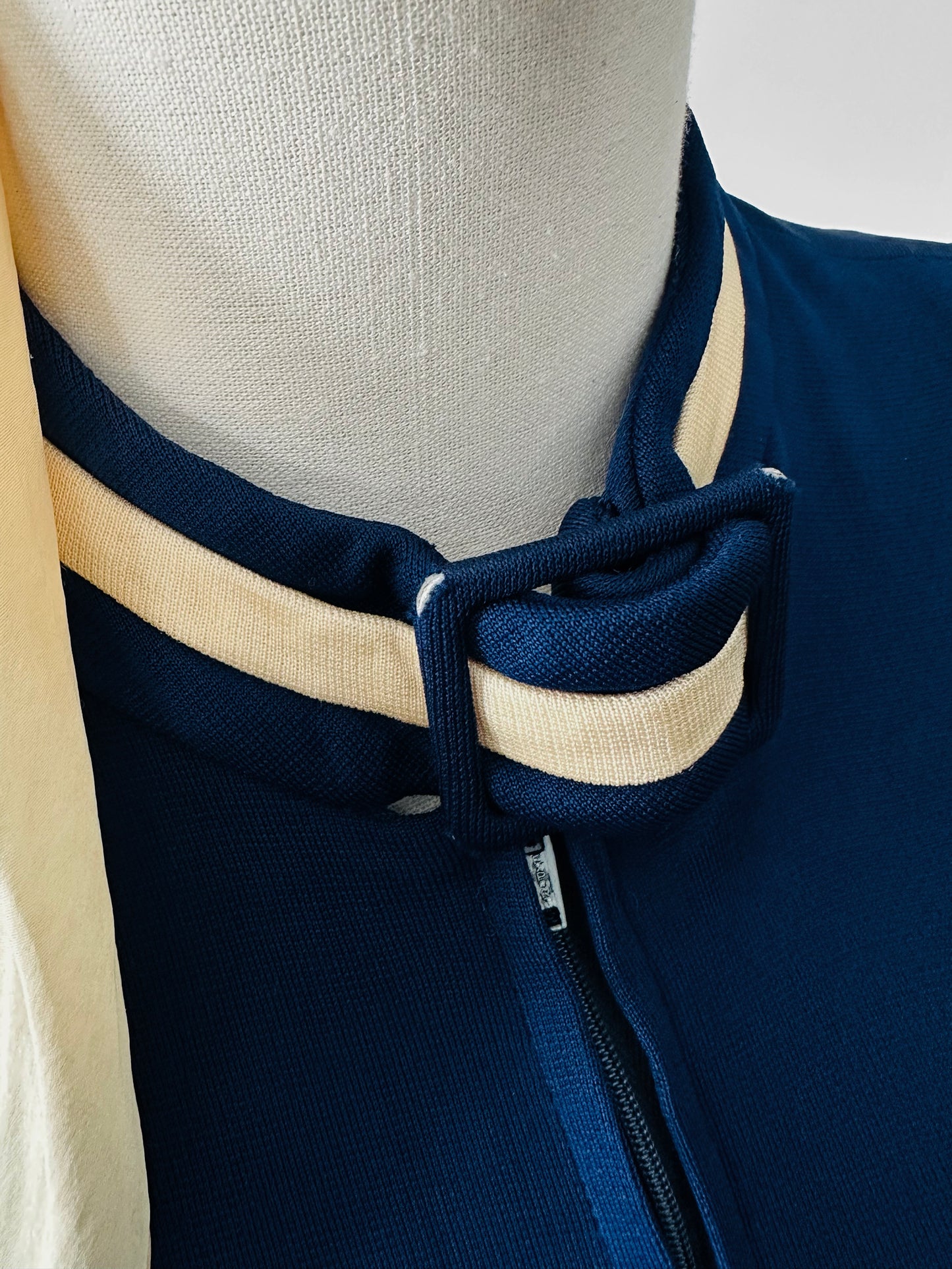 Vintage 1970s Sapphire Blue with Cream Trim Zippered Designer Knitted Jersey Dress with Belted Collar Detail - Sz. S