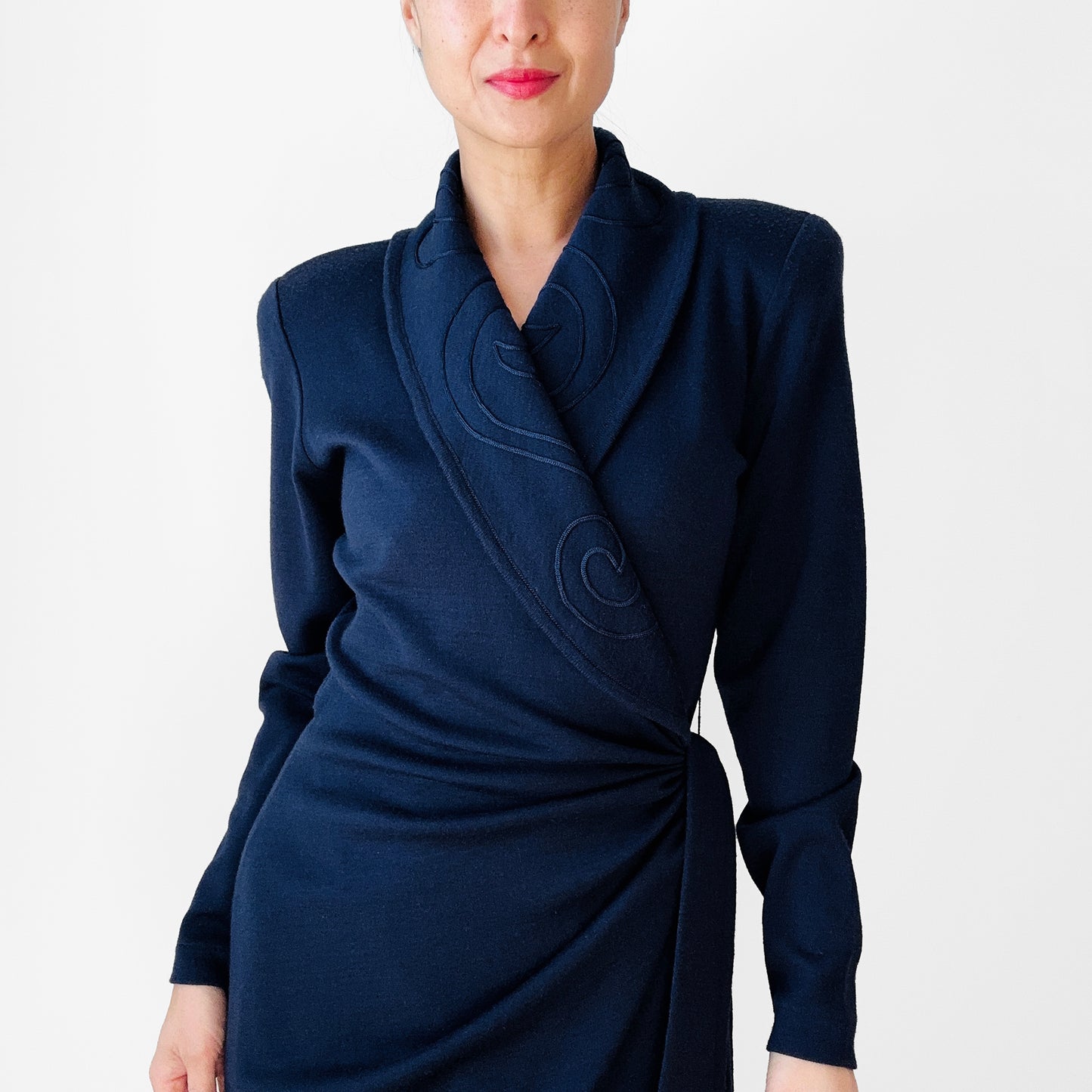 1980s Navy Blue Embroidered Collar Tied Waist Wool Blend Wrap Dress