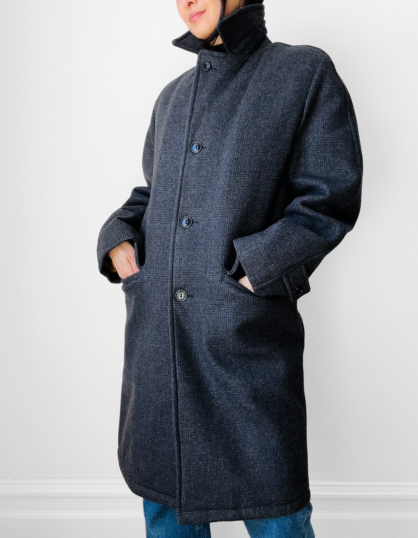 1950s-1960s Charcoal Grey Quilted Faux Fur Interior Wool Plaid Coat - Sz. S/M