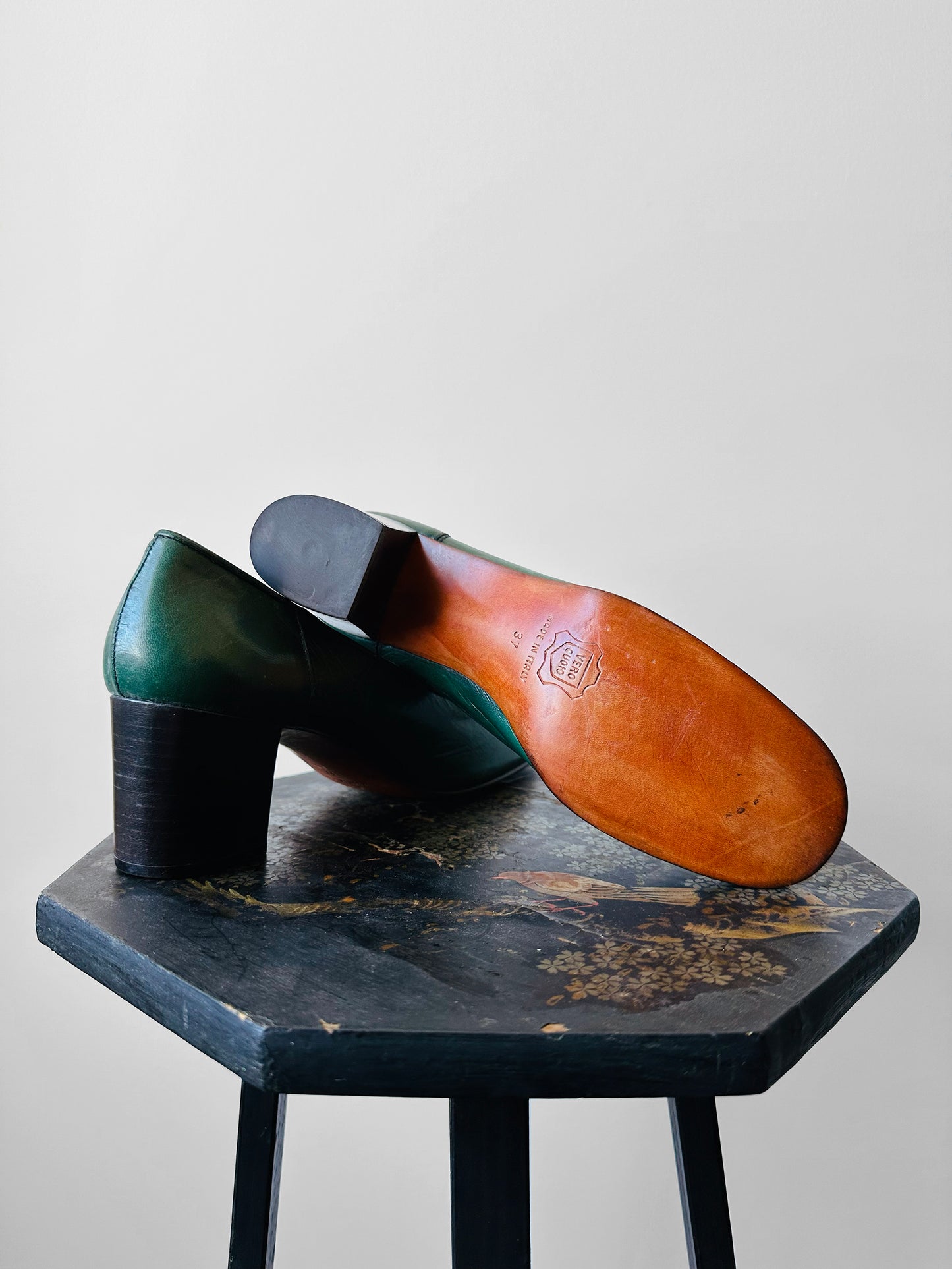 1970s Hunter Green Stitch Detailed Loafer Style Block Heeled Slip-On Shoes - Sz. 37