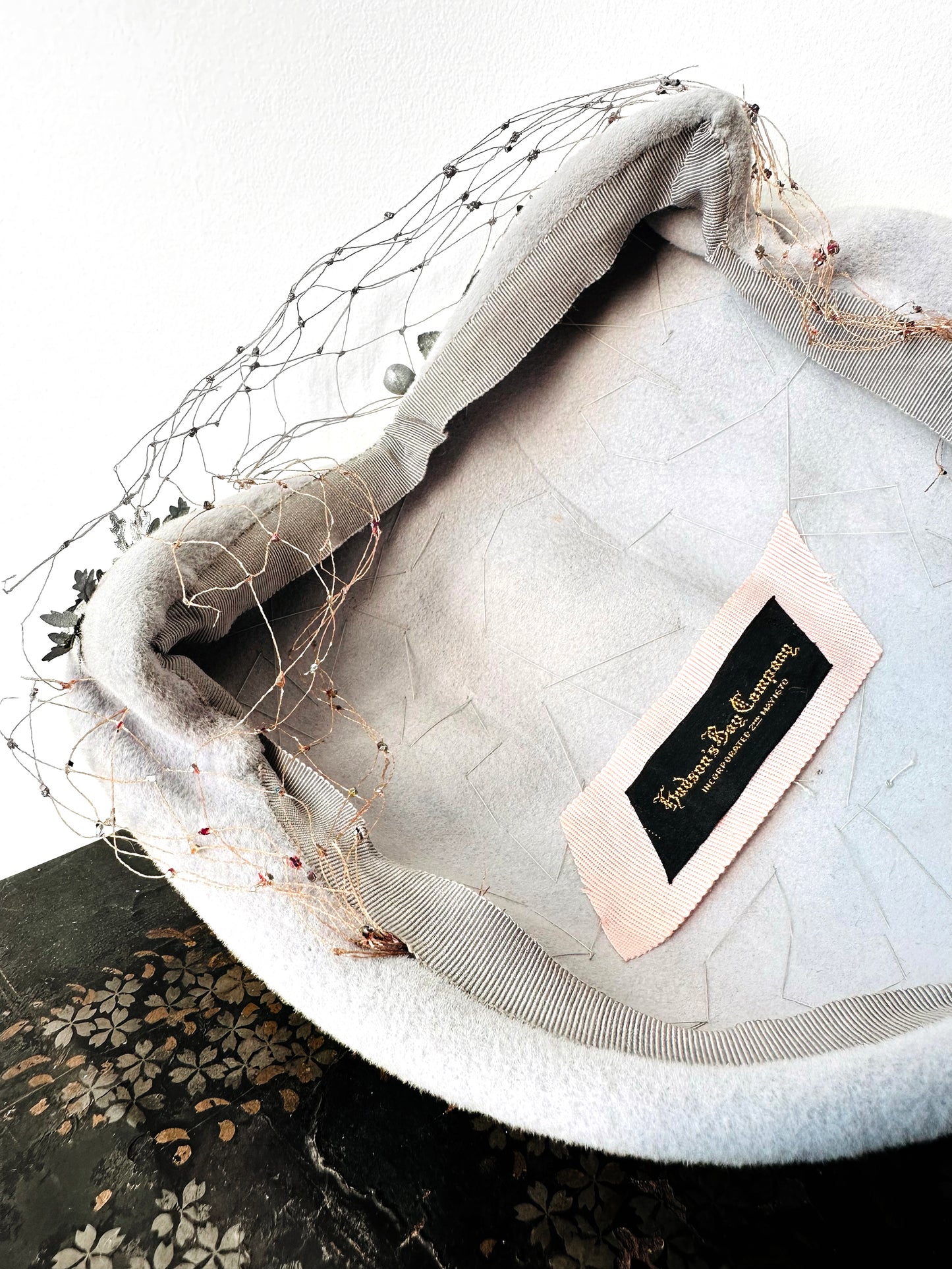 1950s Soft Grey Berry Embellished Felt HUDSON'S BAY CO Hat with Netting