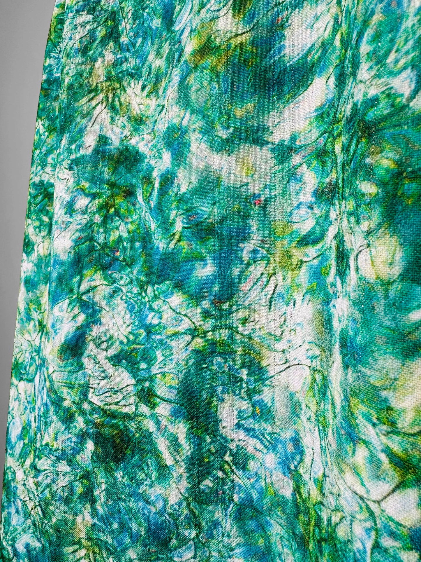 1960s Green Painterly Style Button Front Short Sleeve Elastic Waist Dress - Sz. S