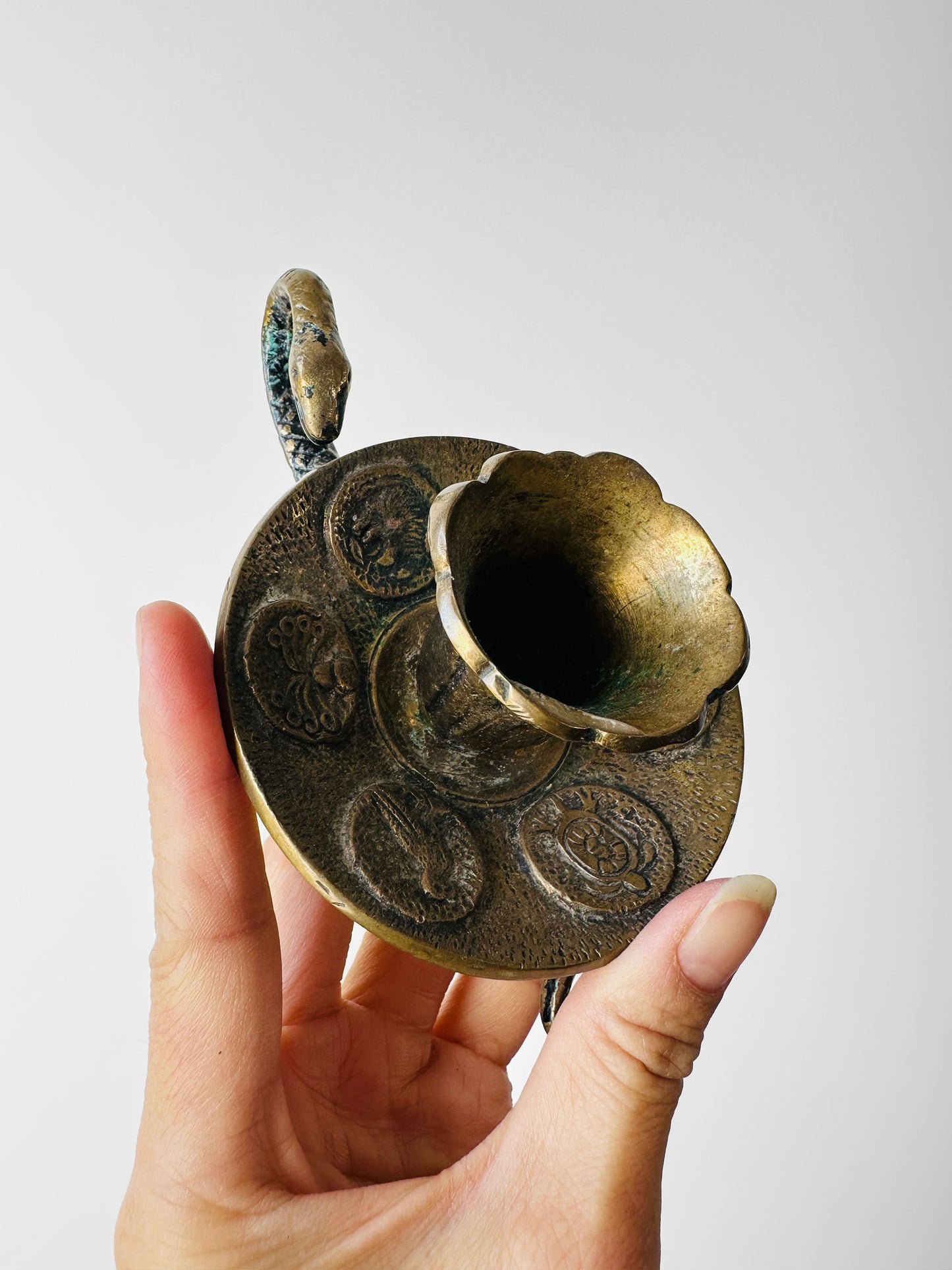 Antique Late 19th - Early 20th Century Brass Candlestick with Serpent Handle