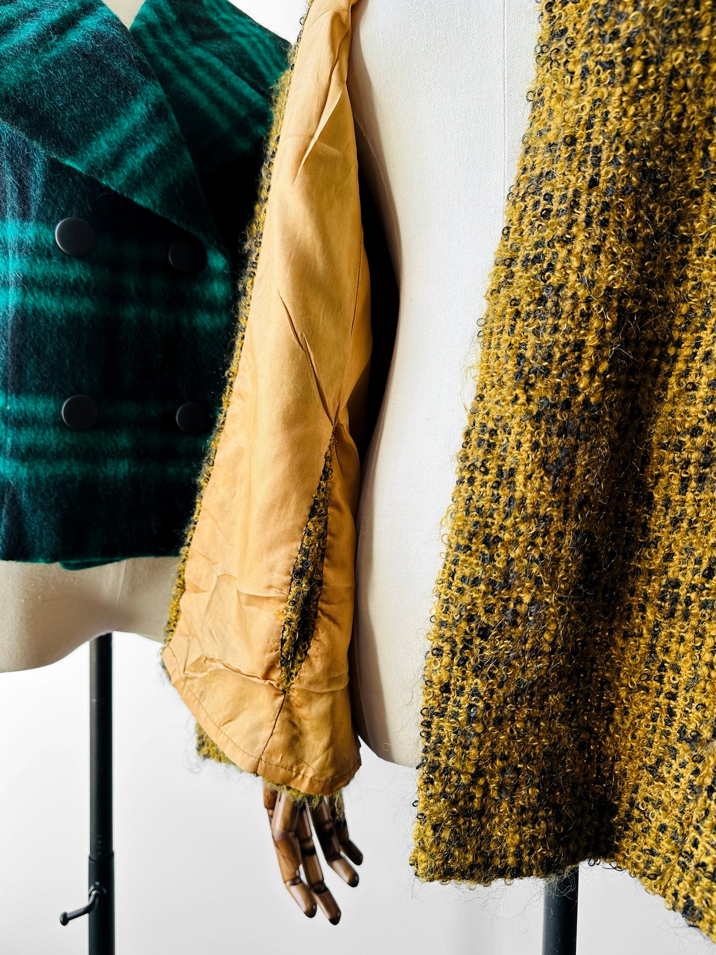 1960s - 1970s Yellow and Black High Collar Open Front Tweed Cape