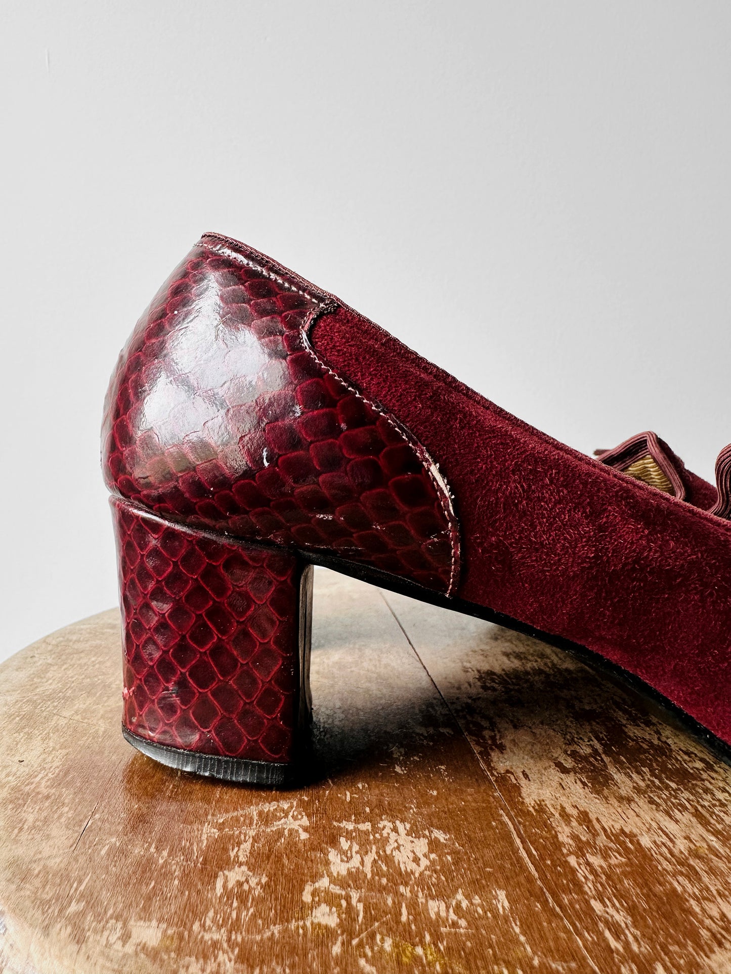 1970s - 1980s Wine Red Patent Leather and Suede Tassel Slip On Heeled Loafers