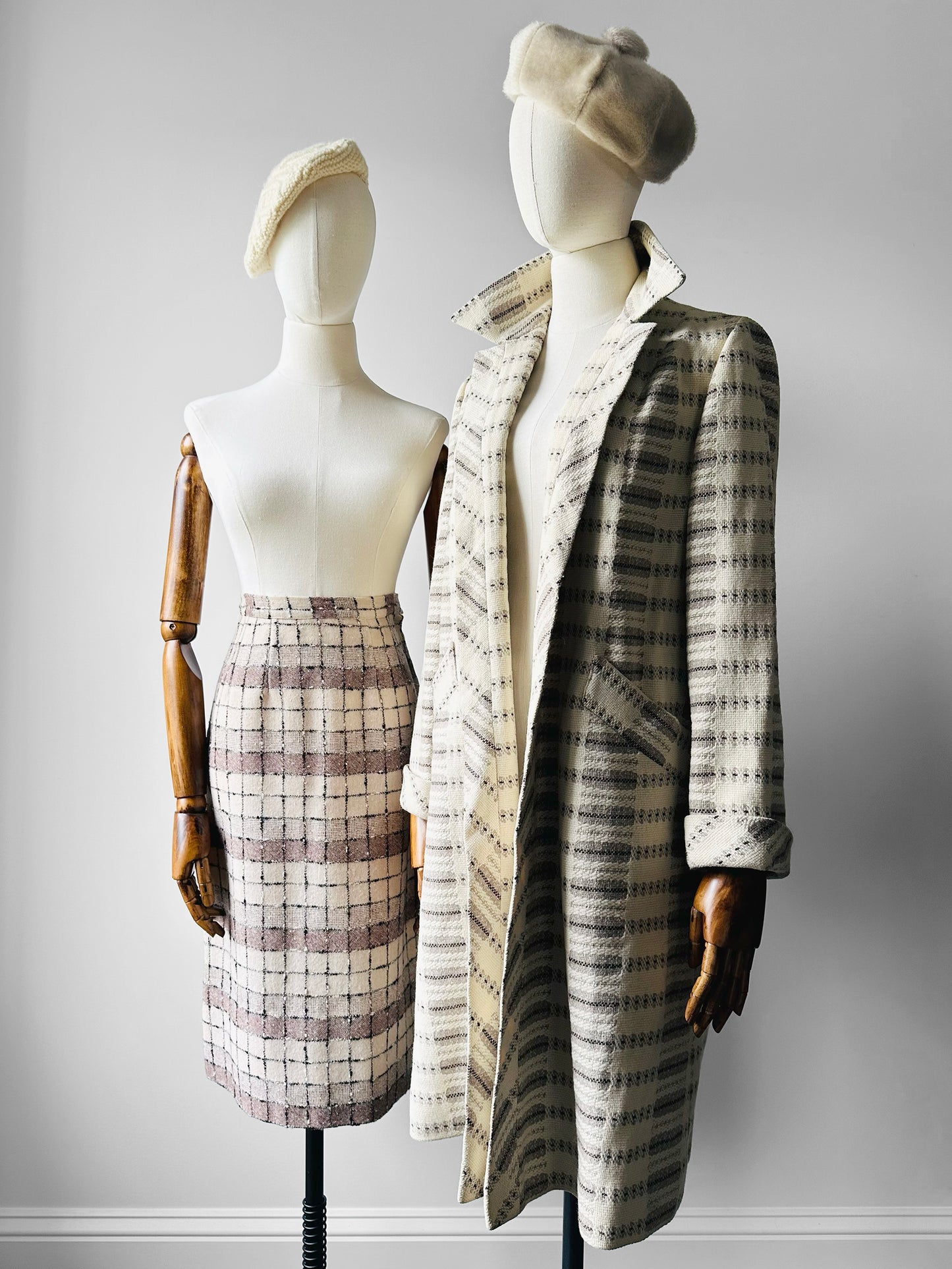 1950s - 1960s Off-White Patterned Open Front Wool Coat - Sz. S
