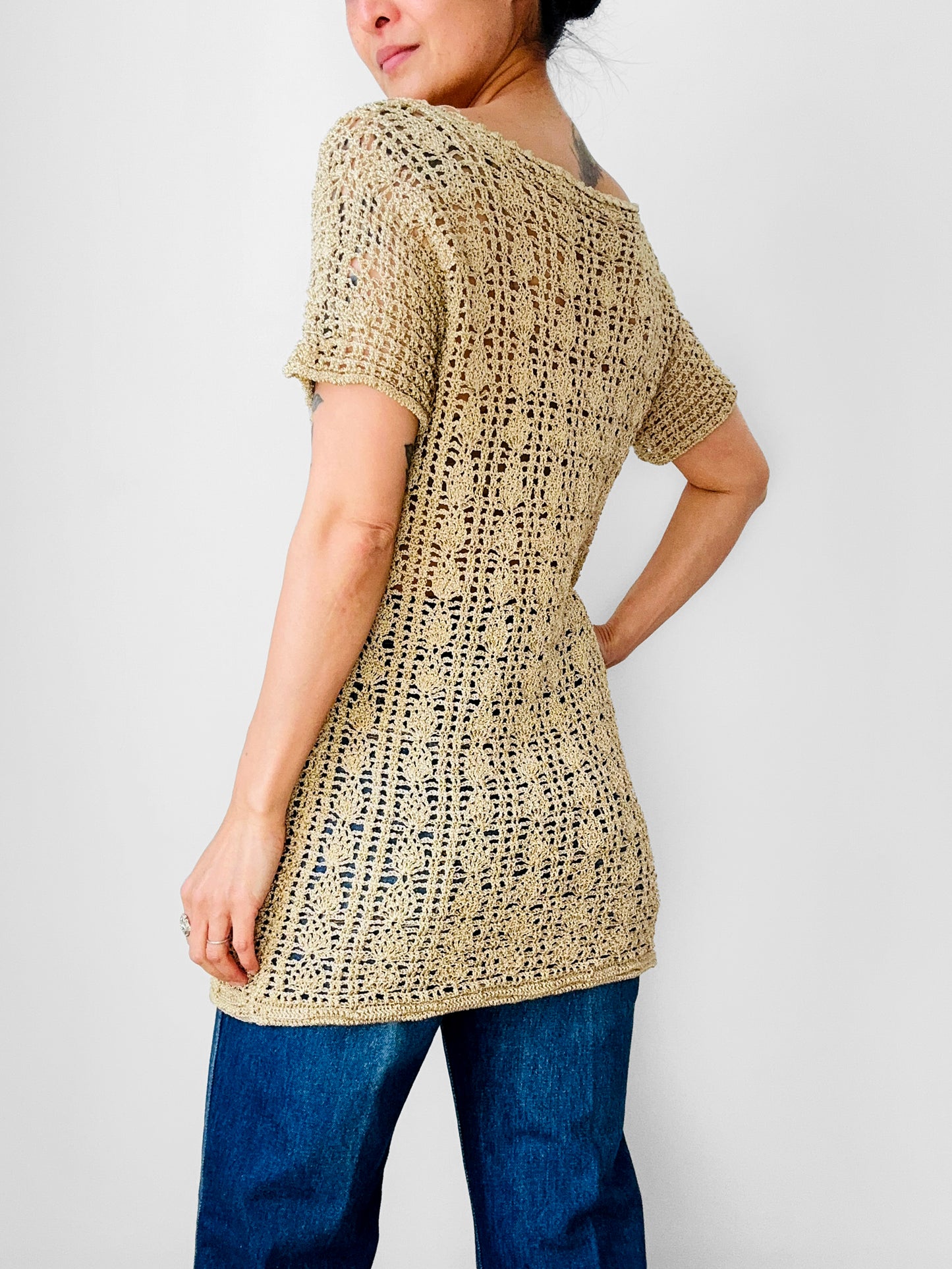 Vintage 1970s Beige Short-Sleeve Scoop Neck Crochet Tunic - Sz. S