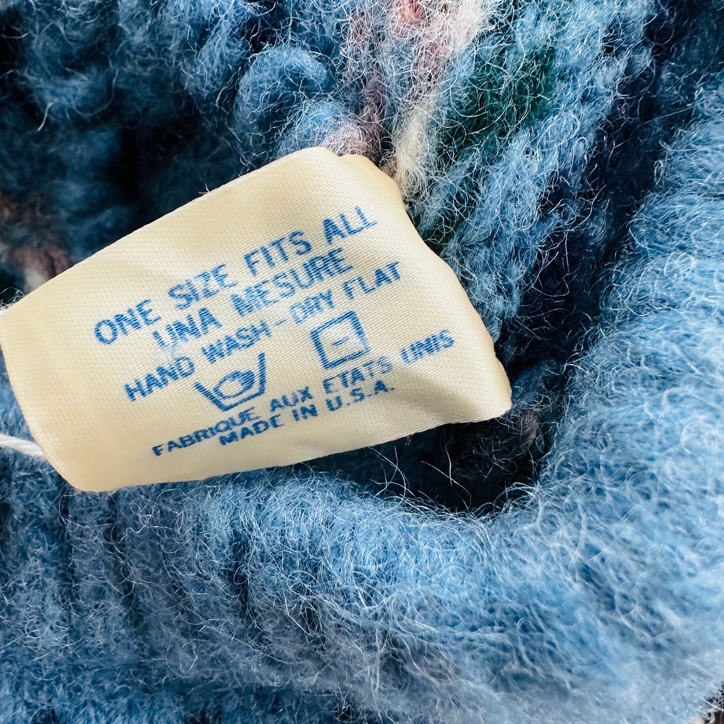 1970s Blue and Cream Scottish Wool Spun Patterned Pom Beret