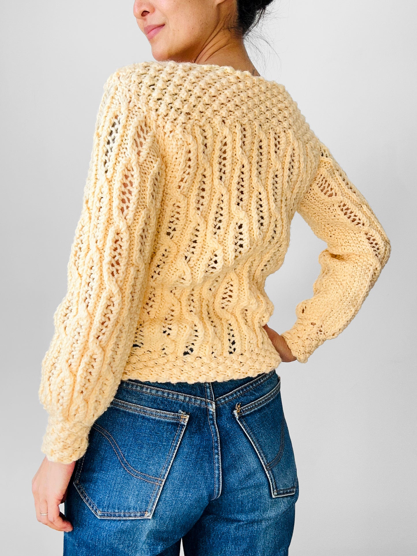 Vintage 1960s - 1970s Buttery Yellow Handmade Long Sleeve Textured Knit Sweater Top - Sz. XS/S