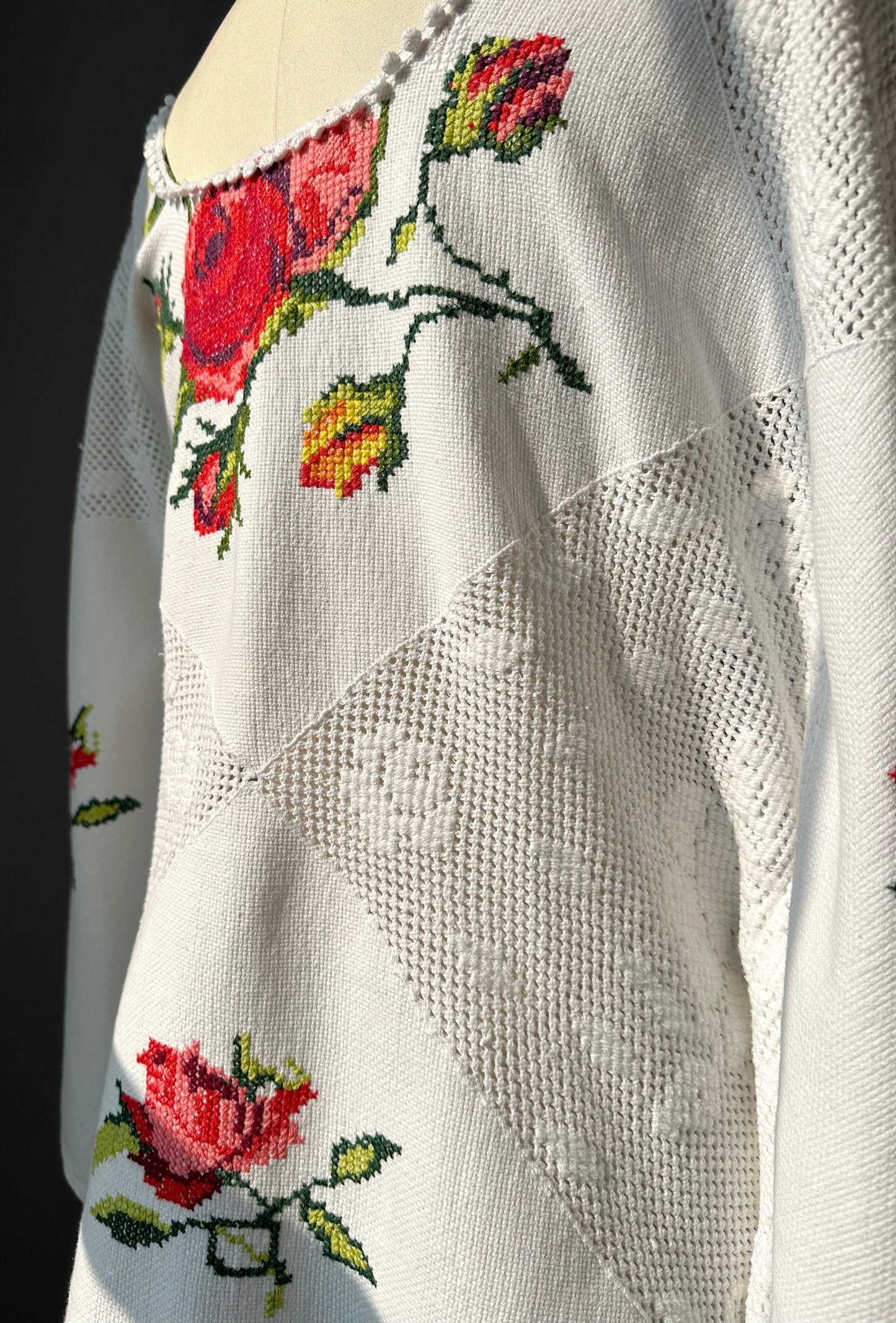 Reworked White Cross Stitch Cotton Tablecloth Top - Sz. S/M