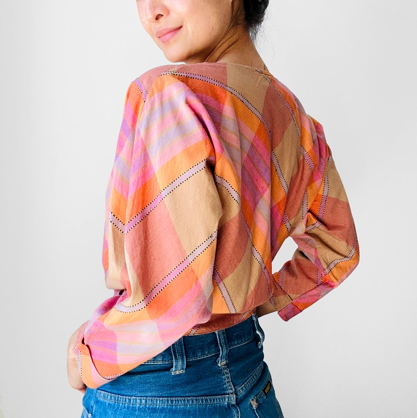1980s Pink and Gold Large Plaid Print Cotton Shirt - Sz. XS / S