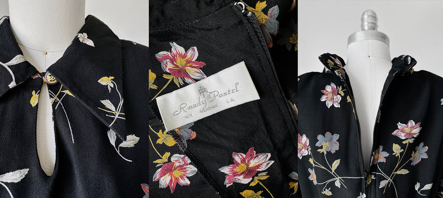 1960s Black Floral Belted Collared Short Sleeve Dress - Sz. S/M