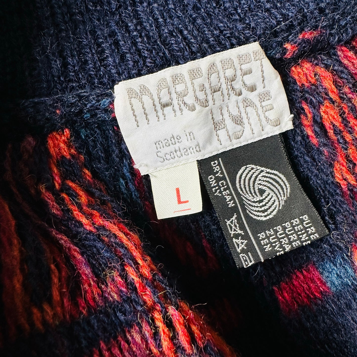 1980s Navy Red Wool Puff Sleeve Patterned Textured Knit Cardigan - Sz. O/S