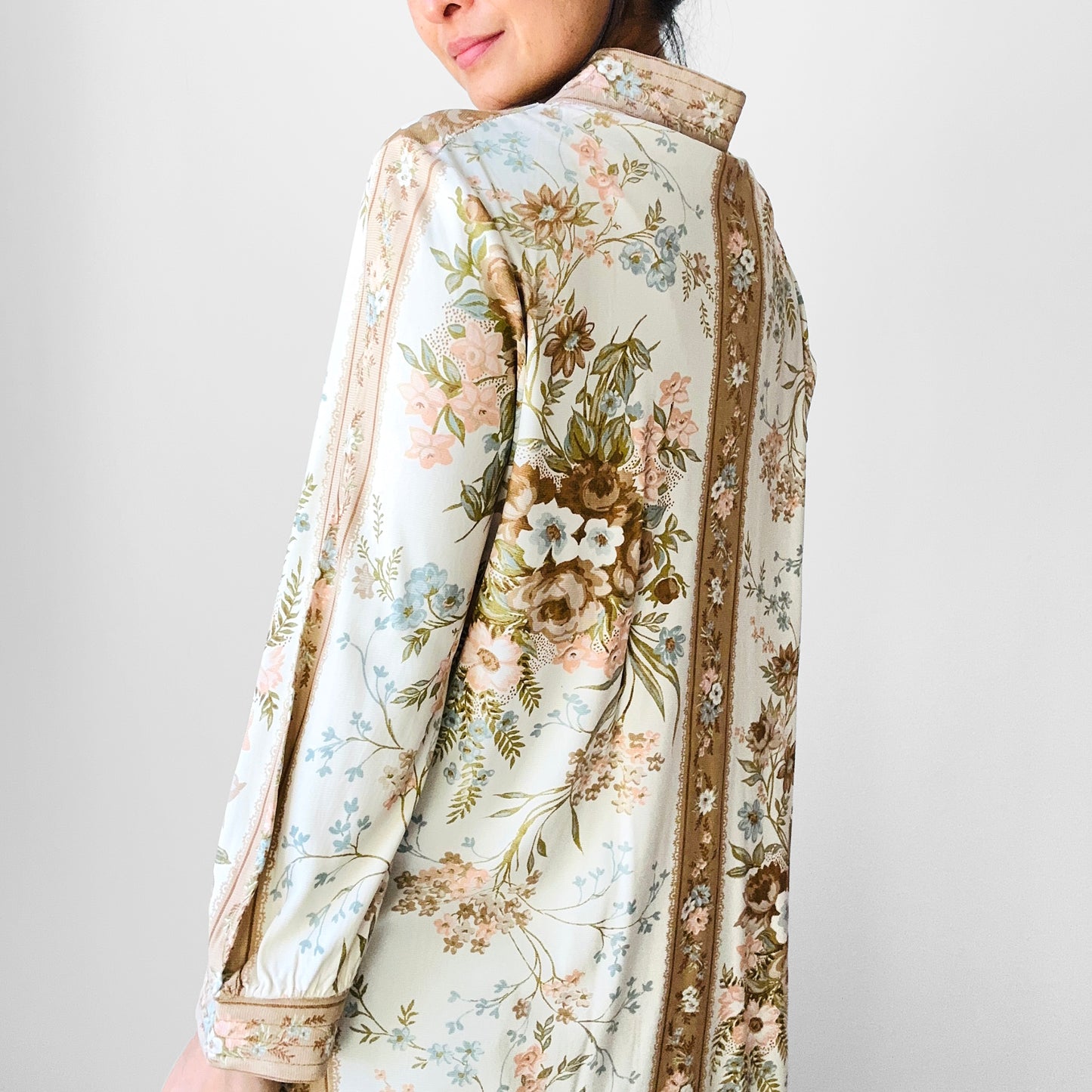 1970s Nylon Floral Print Long Sleeve Tunic Shirt- Sz. S/M