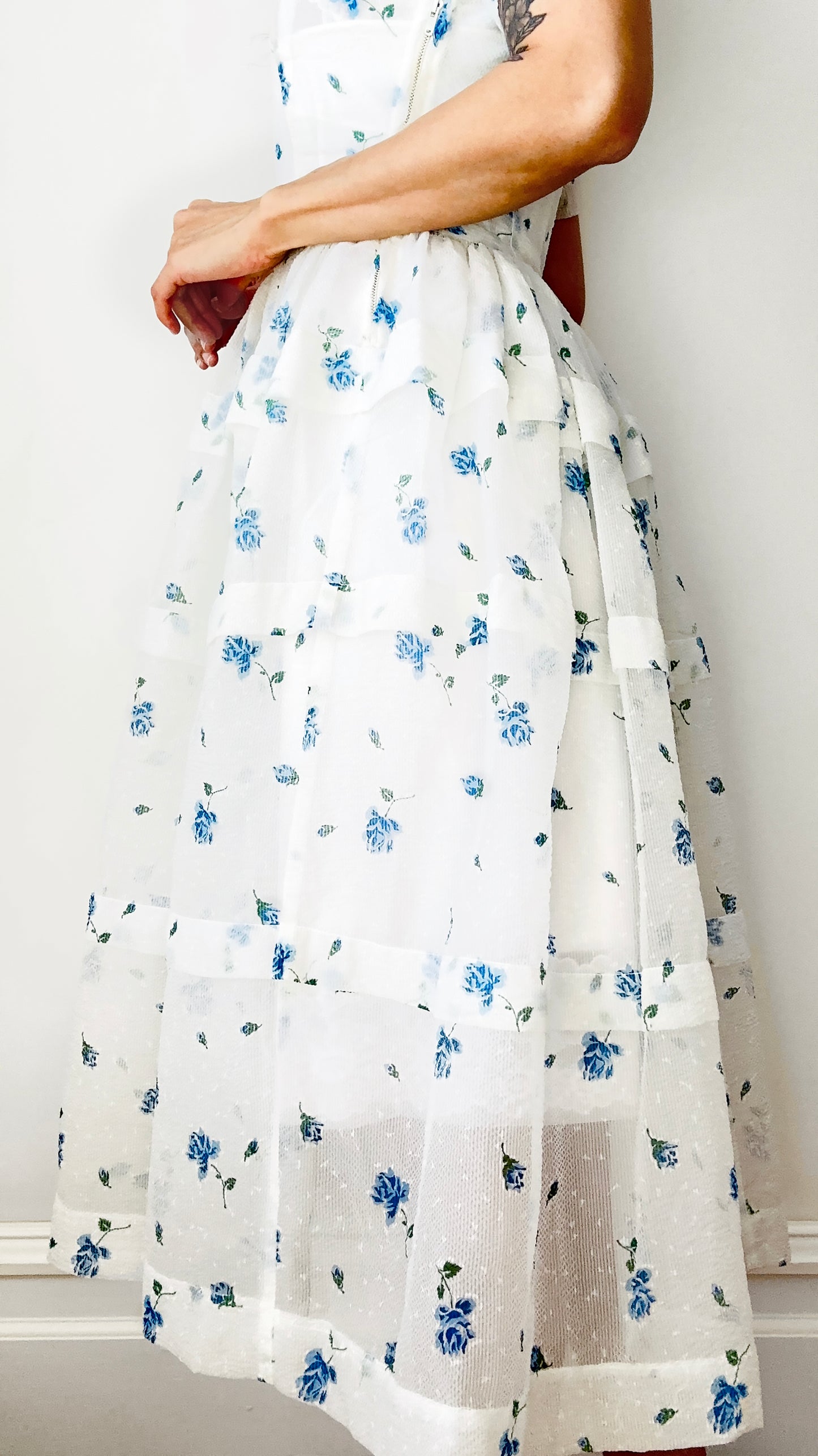 Vintage 1950s - 1960s Handmade White and Blue Sheer Crinoline Floral Tiered Dress - Sz. S