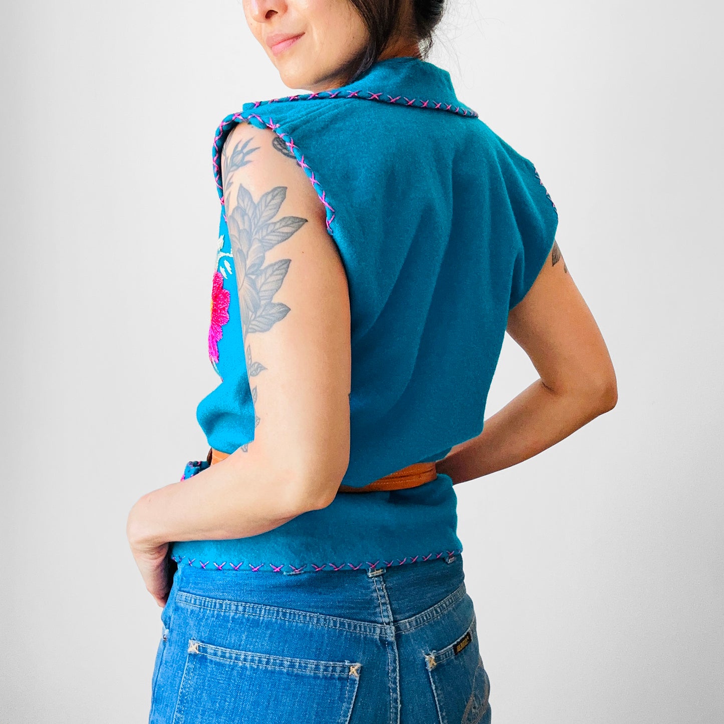 1970s Turquoise Floral Embroidered Wool Vest - Sz. XXS / XS