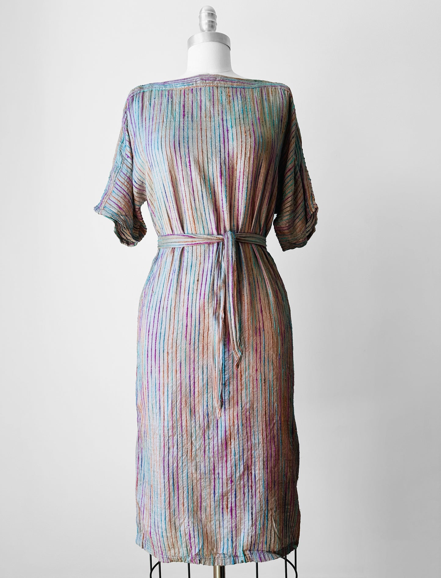 1970s Grey Multi-Toned Stripe Raw Silk Belted Shift Dress - Sz. XS