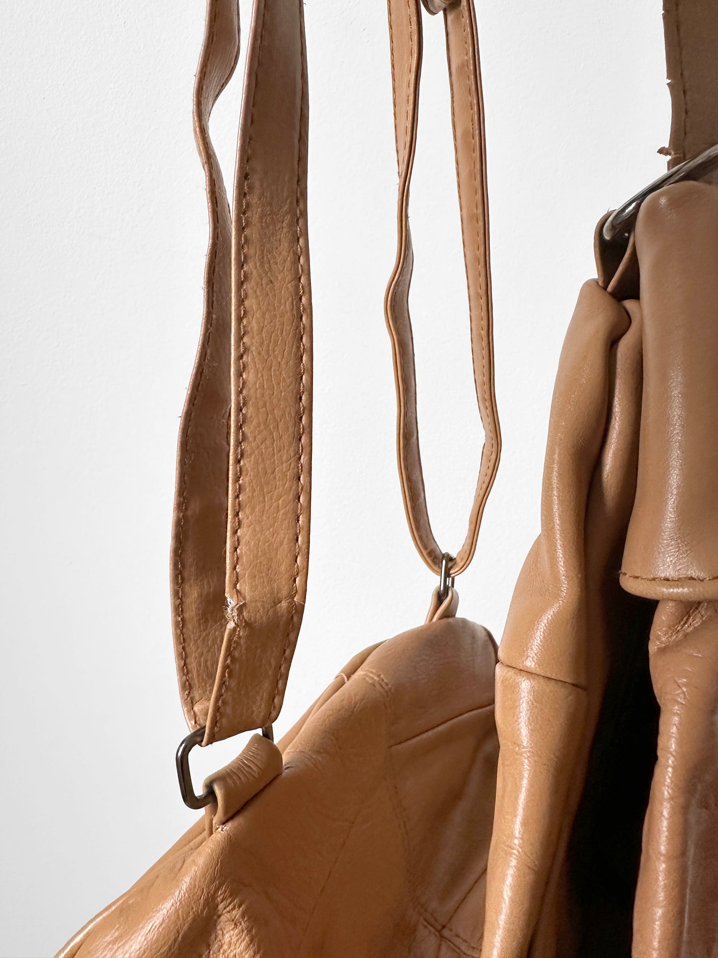 1990s Tan Leather Split Zip Backpack Purse