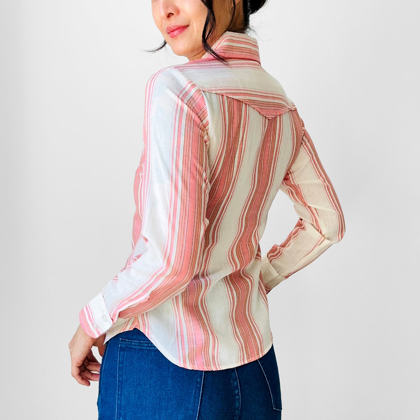 1970s Stripe Pink and Cream Collared Shirt - Sz. XXS